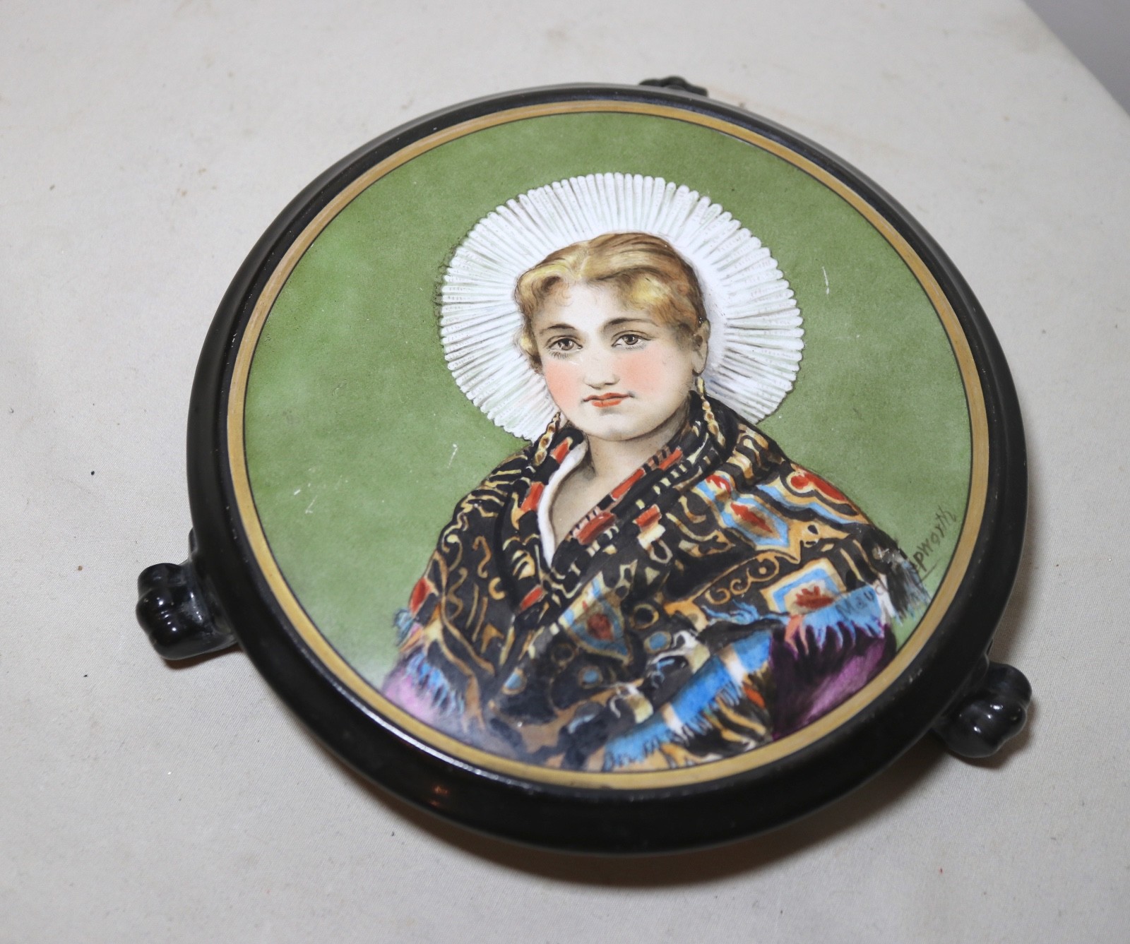 antique hand painted figural realism portrait porcelain footed trivet stand 