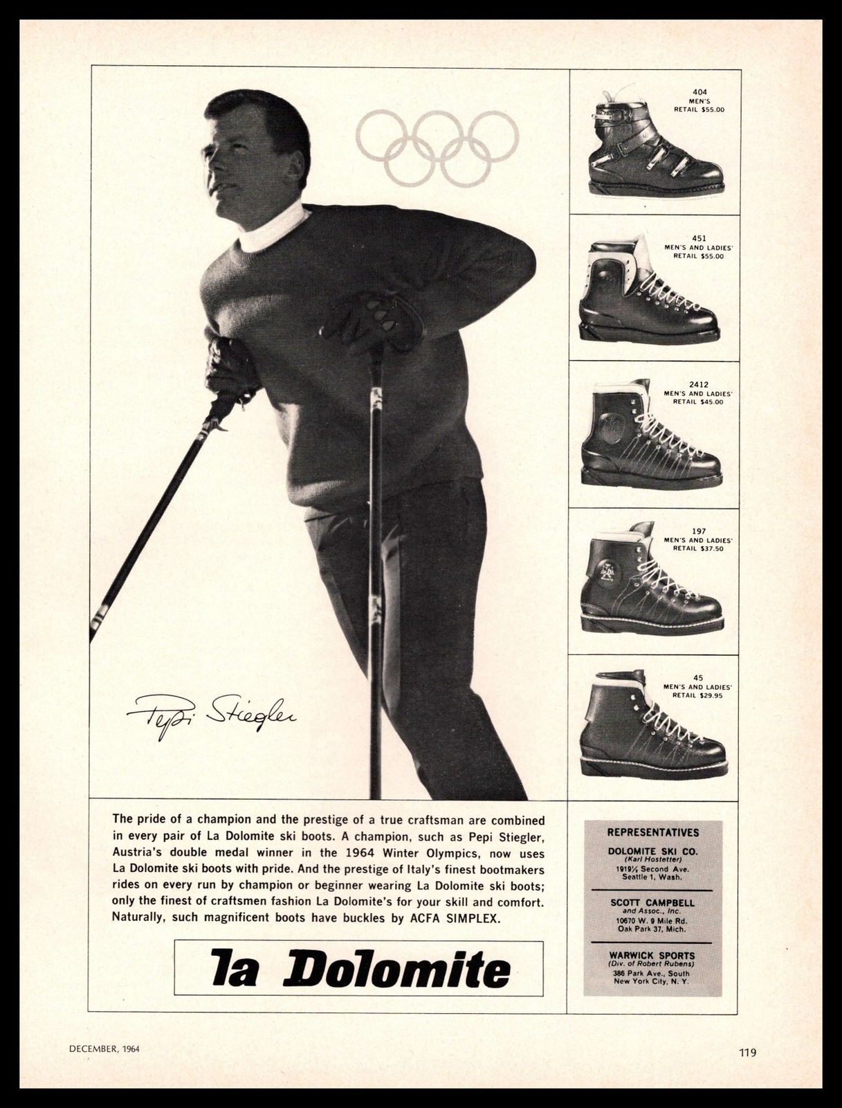 1964 La Dolomite Snow Ski Boots Pepi Stiegler Austrian Ski Champion Print Ad