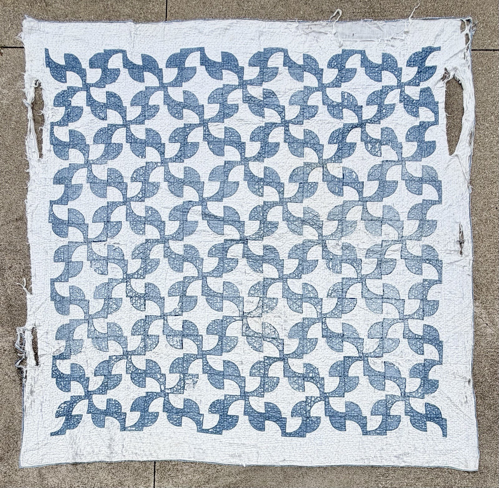 Vintage Antique Hand Stitched Drunkards Path Quilt Blue & White 76x76” CUTTER