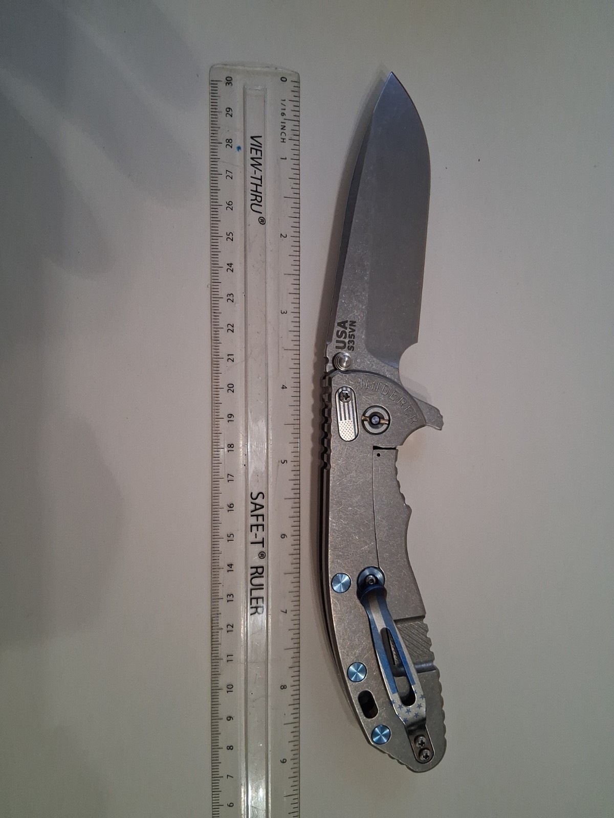 HINDERER XM-18 3.5 Non-Flipper Folding Knife Stonewashed Titanium, Blue Anodized