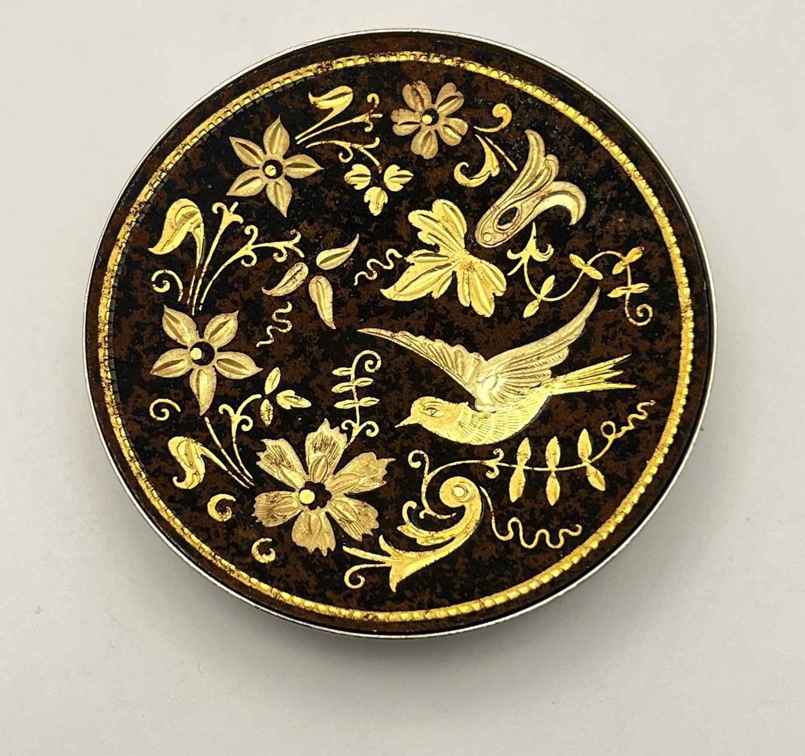Toledo Ware Damascene Bird Enameled Metal Small Footed Trinket Dish Toledo Ware Damascene Bird Enameled Metal Small Footed Trinket Dish