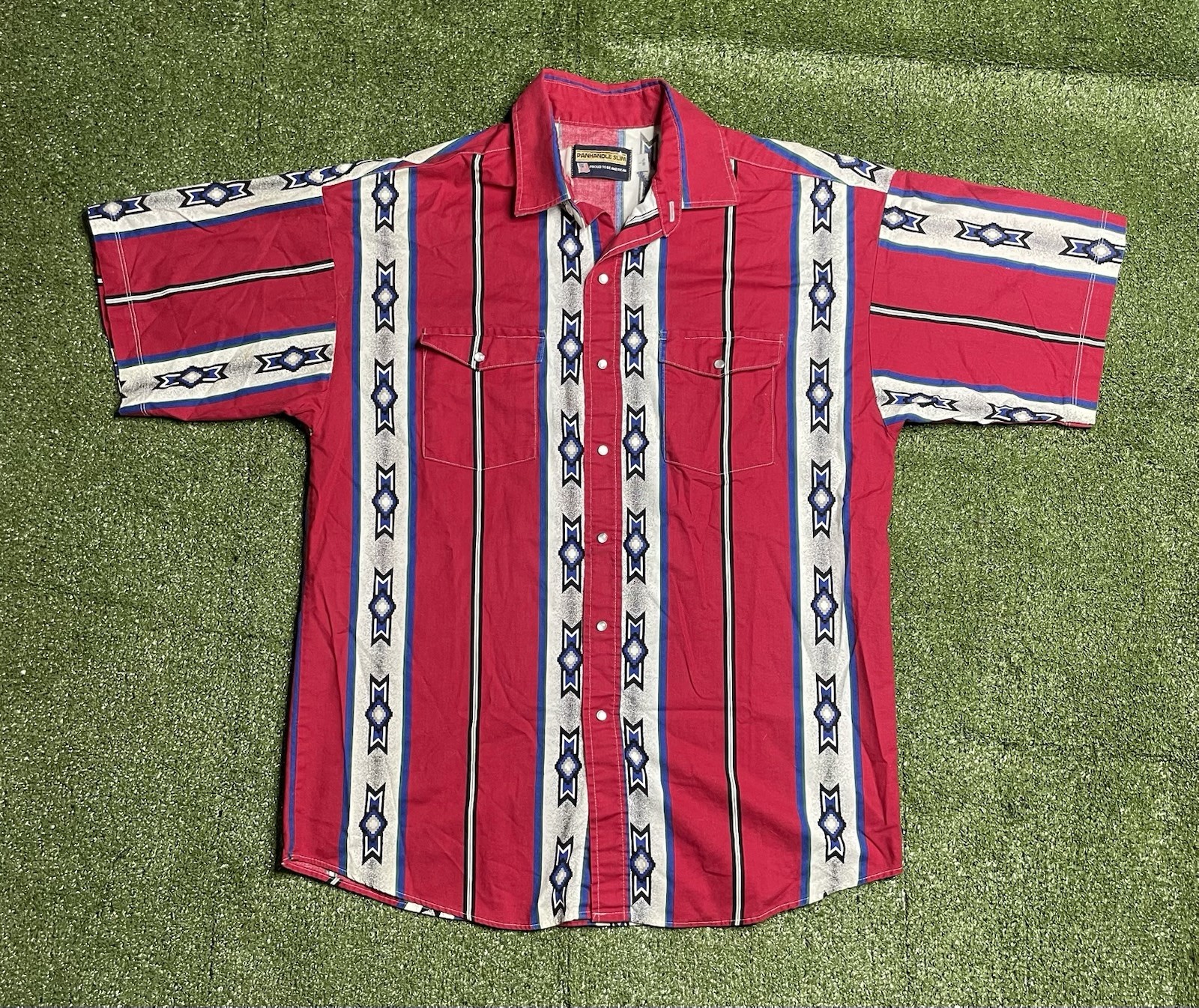Panhandle Slim Western Americana Short Sleeve Shirt Red Pattern Size L 16.5