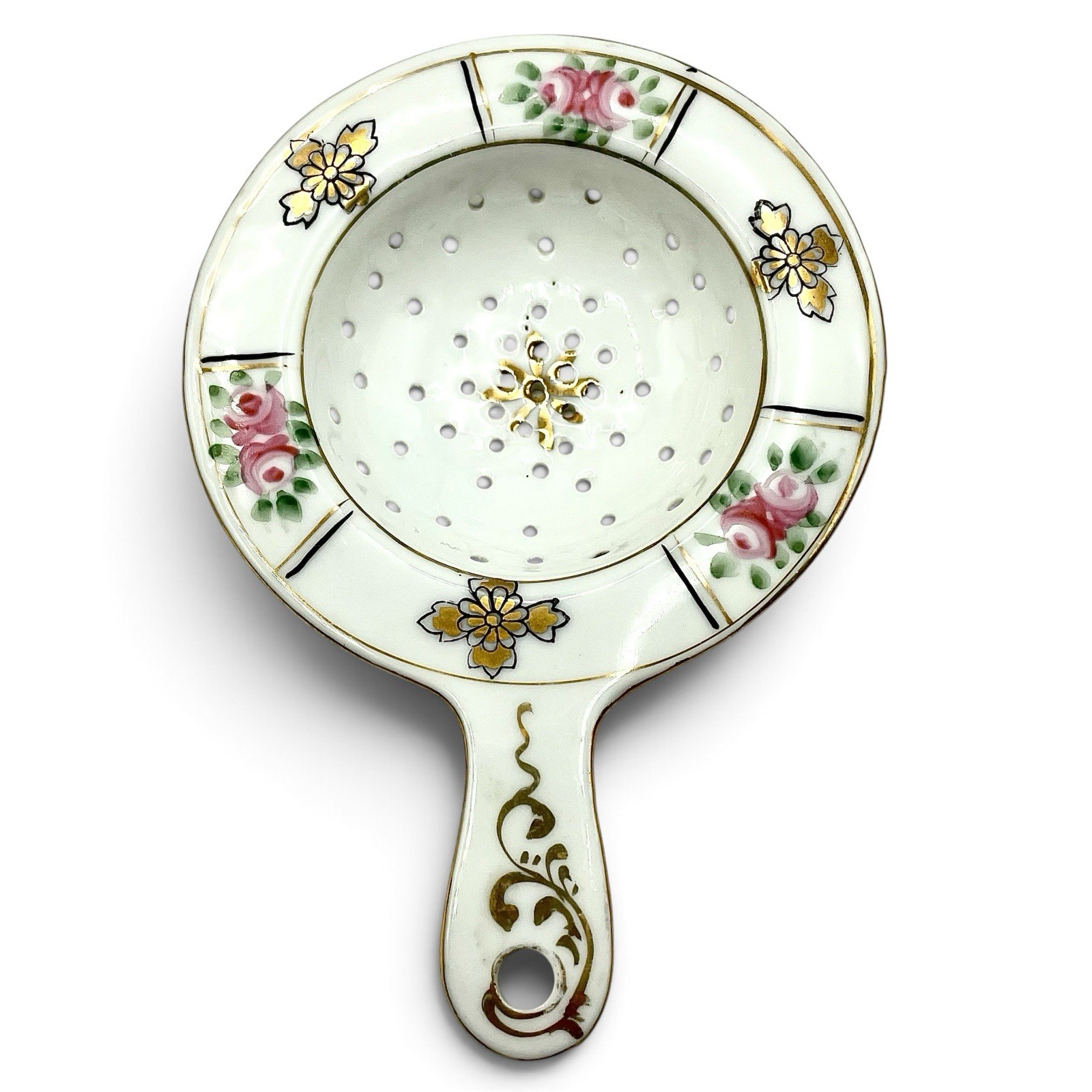 Antique Nippon Hand Painted Porcelain TEA STRAINER Floral Pink Roses Gilt