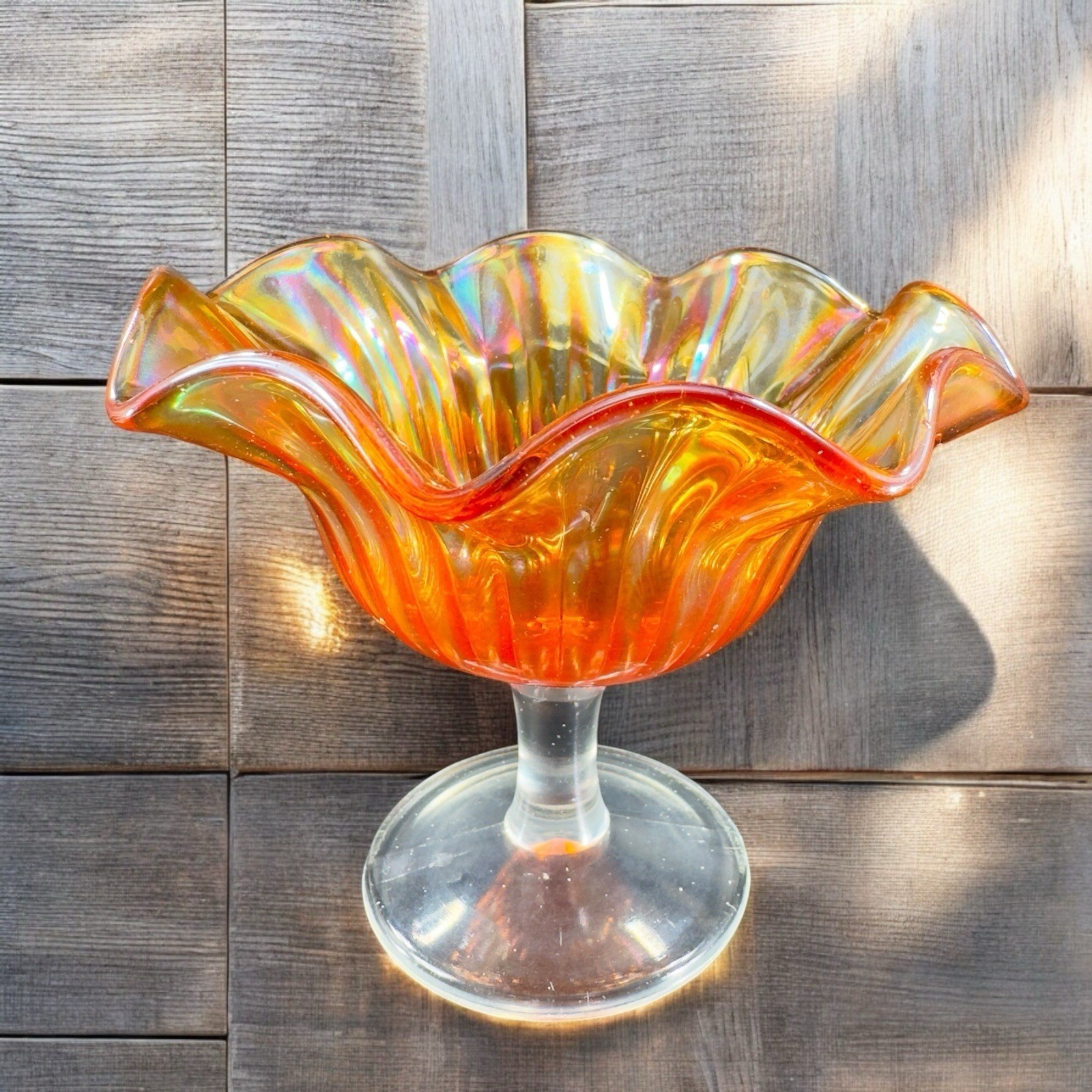 VTG Marigold Carnival Glass Iridescent Ruffled Pedestal Compote Footed Dish Bowl