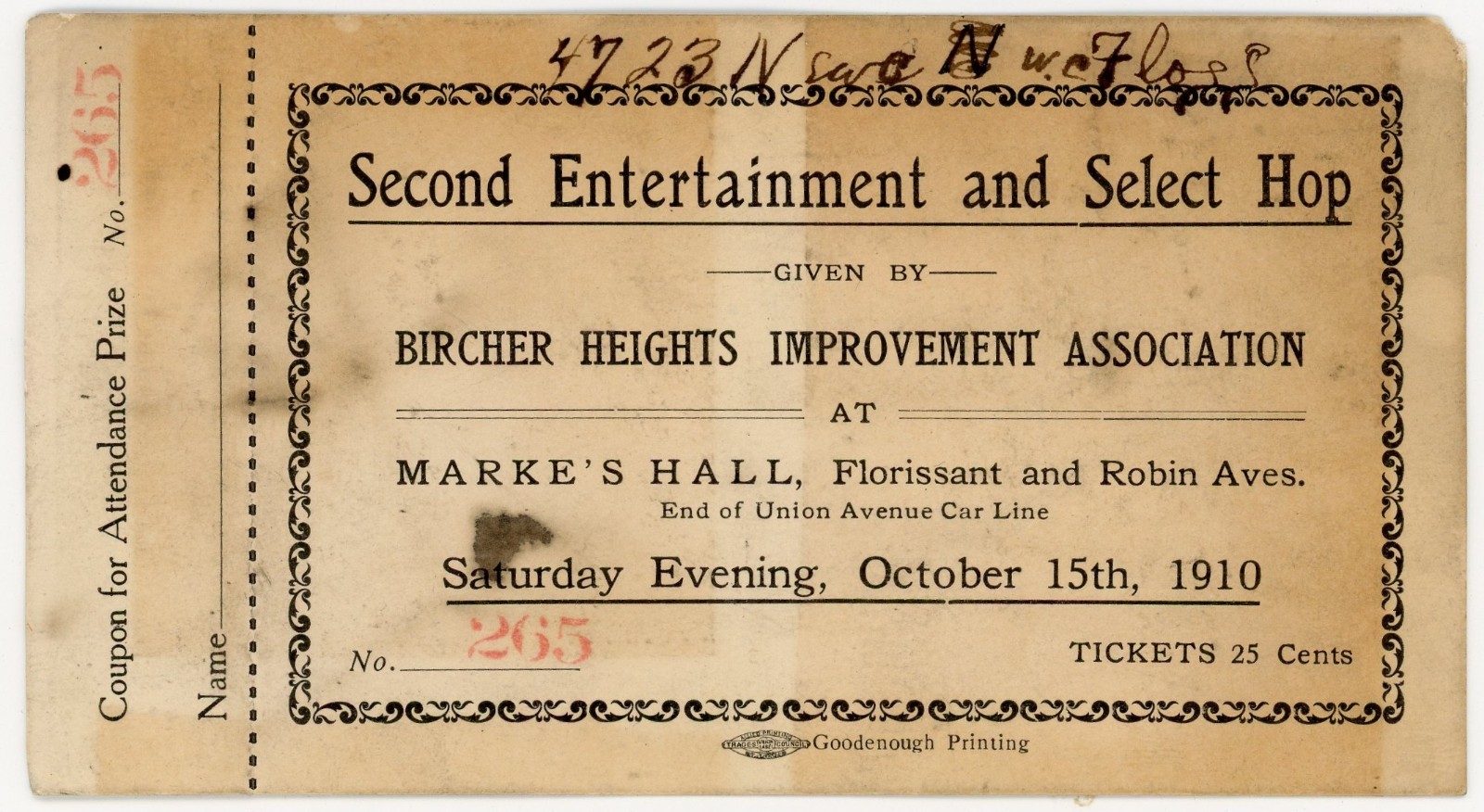 1910 St. Louis Bircher Heights Improvement Association Select Hop Ticket