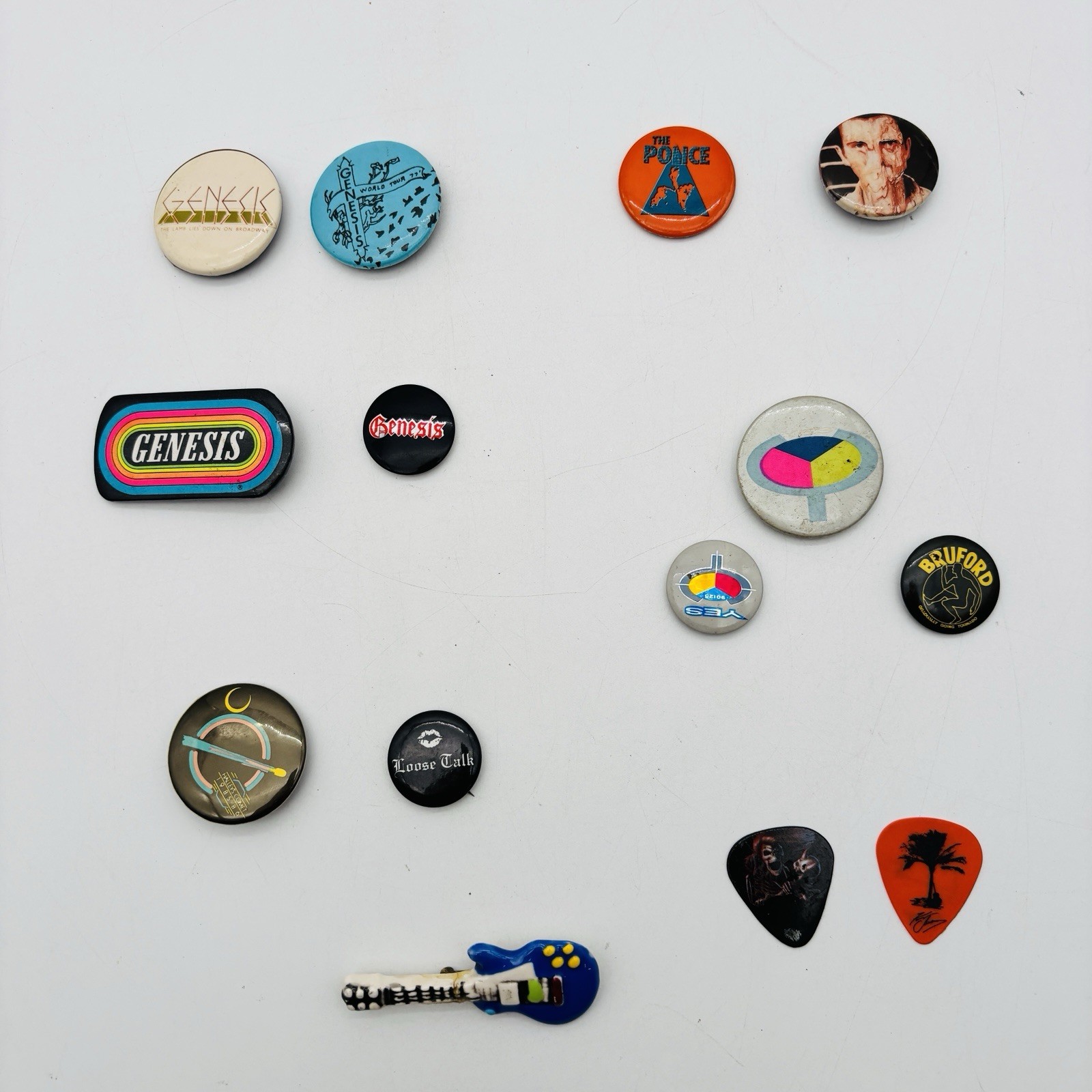 Vintage 70s to 90s Pin Back Buttons Lot 11 PCS Band Genesis Yes Police Bruford