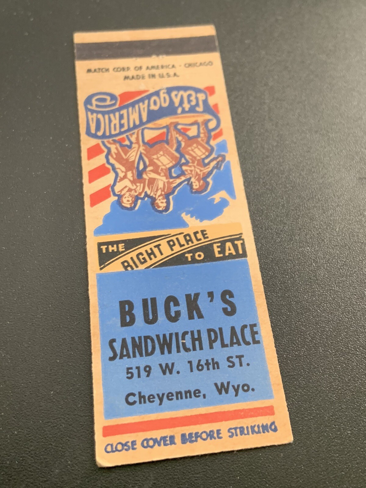 Vintage Wyoming Matchbook: “Buck’s Sandwich Shop” Cheyenne, WY