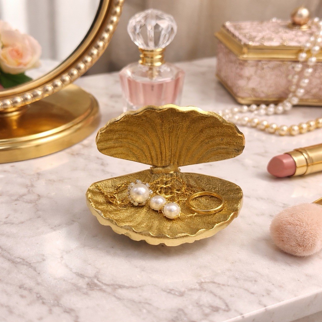 Gold Solid Metal Seashell Trinket Dish Seashell Bowl Shell Tray Vintage Glam 4”