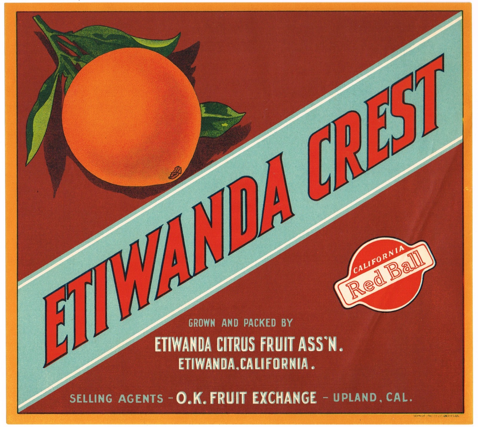 ORANGE CRATE LABEL ETIWANDA CREST UPLAND CALIFORNIA SAN BERNARDINO C1930 NICE ORANGE CRATE LABEL ETIWANDA CREST UPLAND CALIFORNIA SAN BERNARDINO C1930 NICE