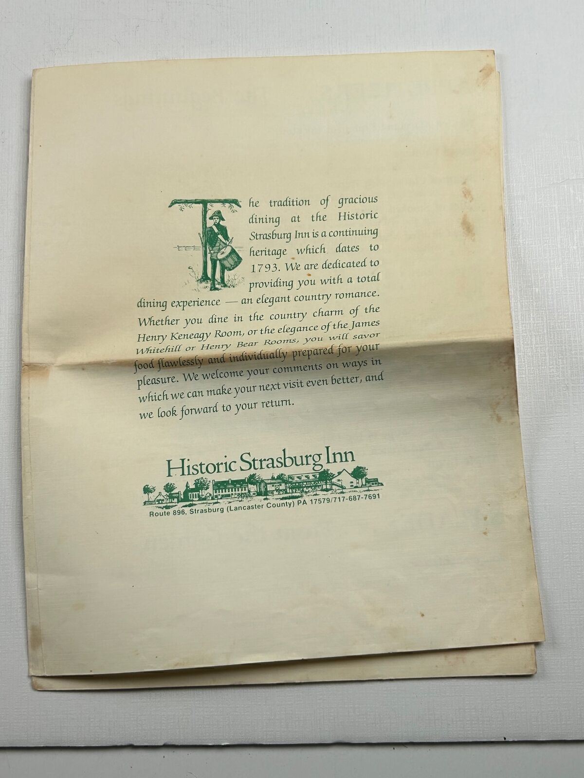 Vintage Restaurant Menu Historic Strasburg Inn Lancaster County PA 