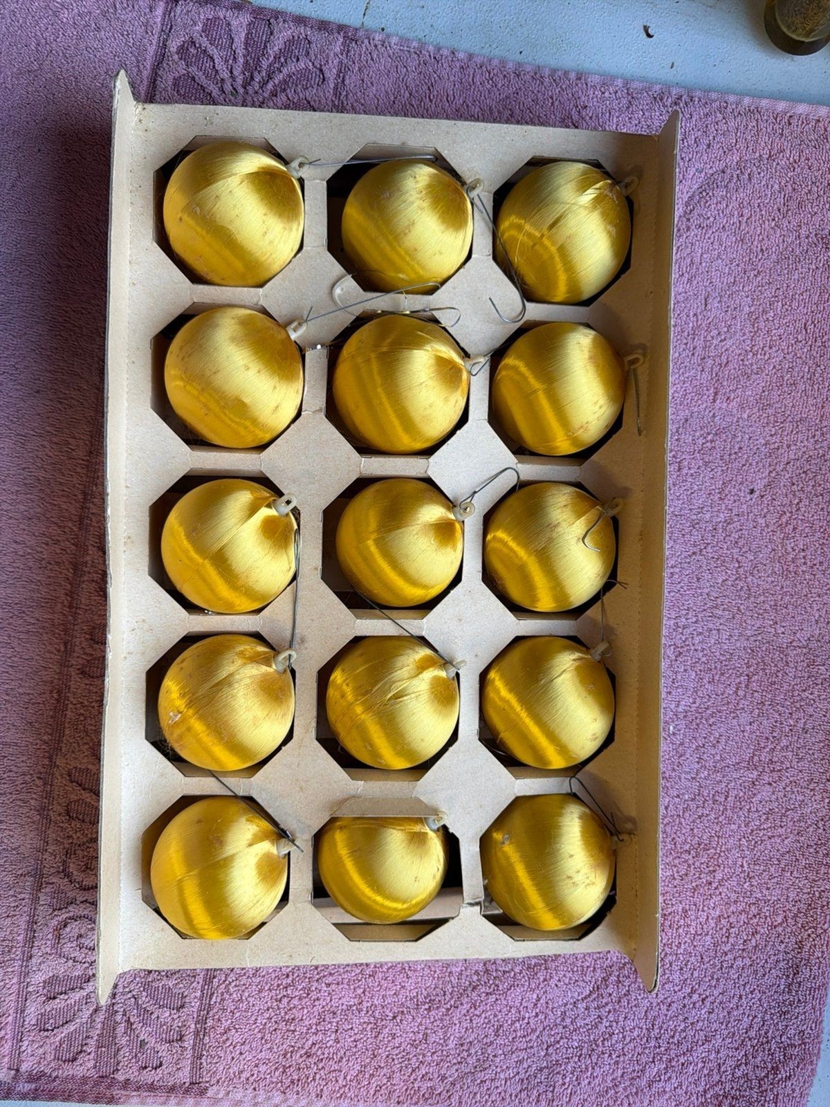 Vintage Shiny Brite Poloron Yellow Satin Sheen Christmas Ornaments - Box of 15