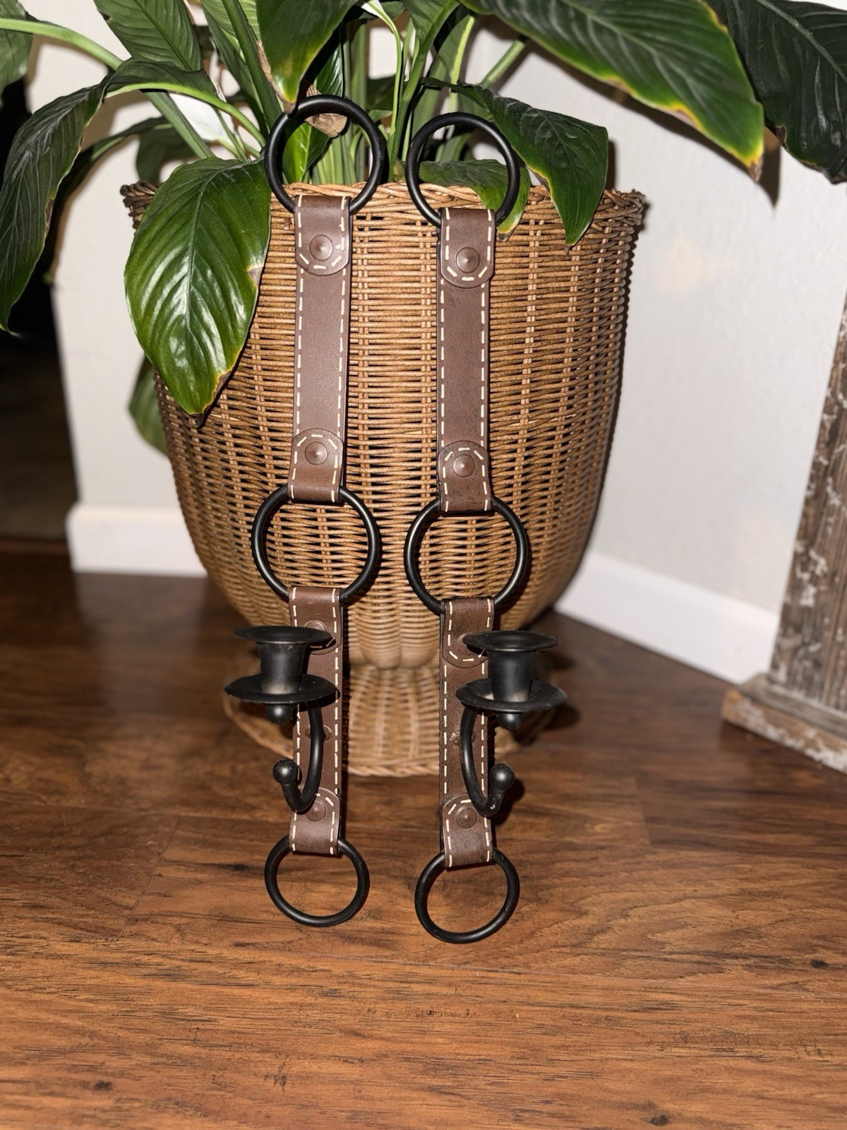 1990s Equestrian Faux Leather Metal Candle Sconces In Style Of Jacques Adnet 1990s Equestrian Faux Leather Metal Candle Sconces In Style Of Jacques Adnet