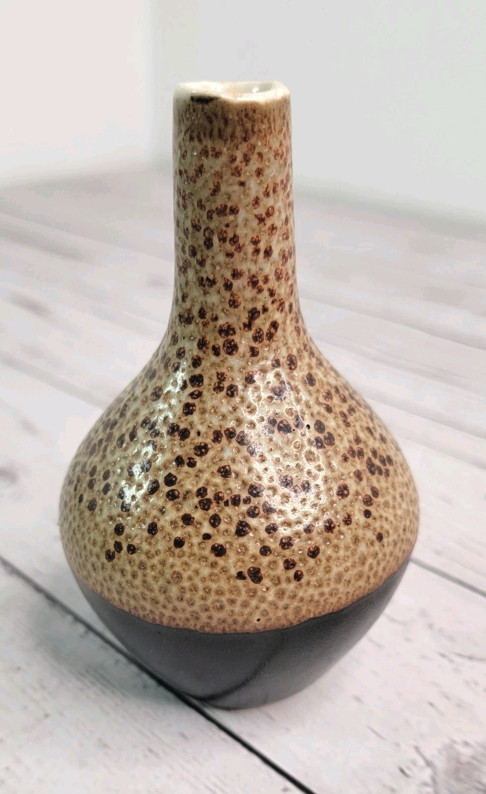 Studio Pottery Bud Vase Brown Spotted Stoneware Signed 80 VTG 4\