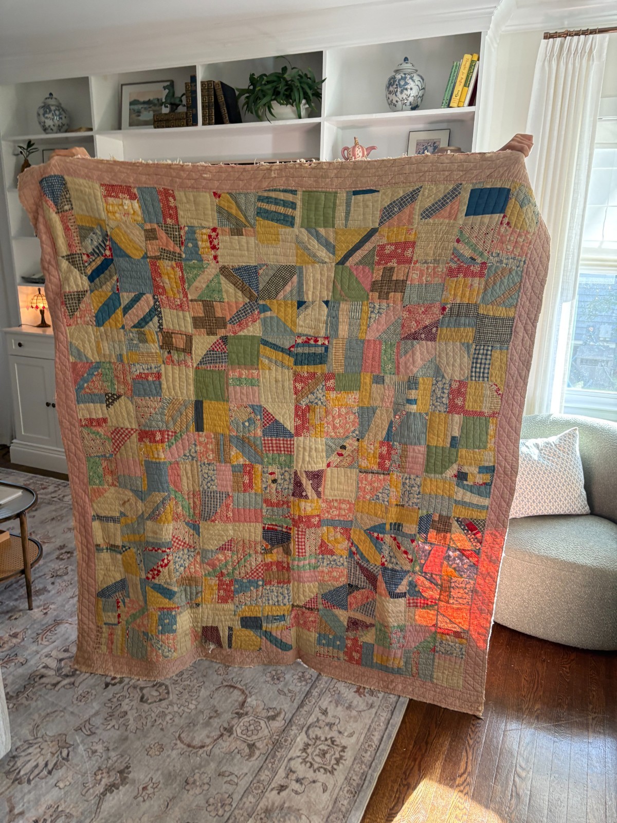 Vintage Scrappy Patchwork Crazy Quilt Cotton Feedsack Primitive Pink Border