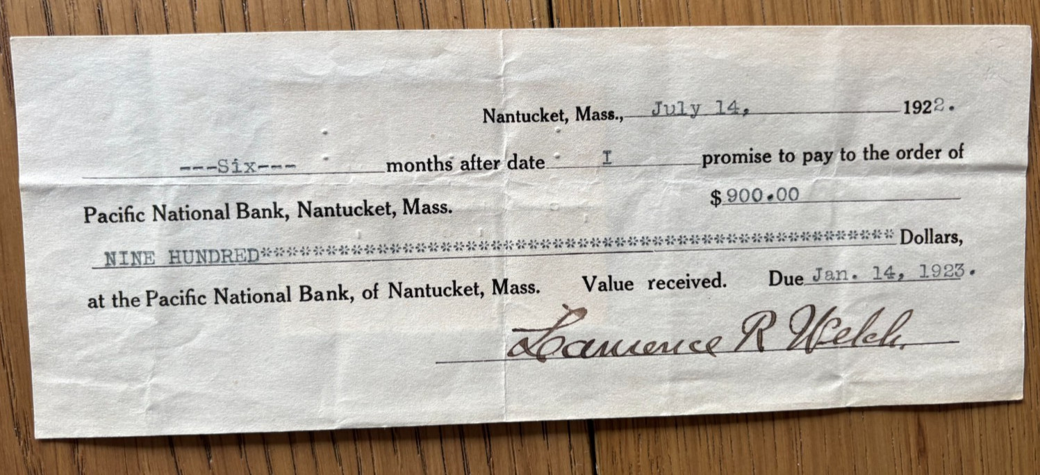 1922 NANTUCKET PACIFIC NATIONAL BANK CHECK W/6 DOCUMENT STAMPS LAWRENCE R WELCH