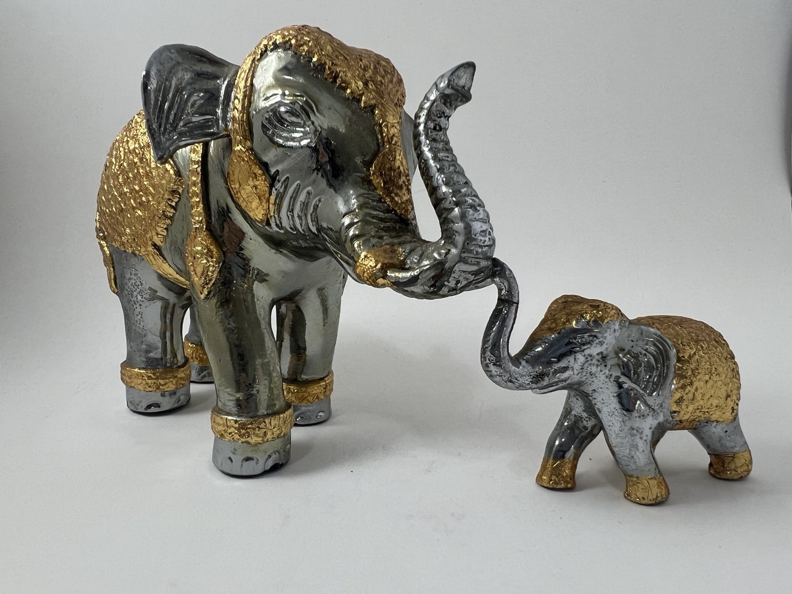 Authentic Thai Elephant Figurine Set Gold Leaf Handmade Bangkok Thailand Decor