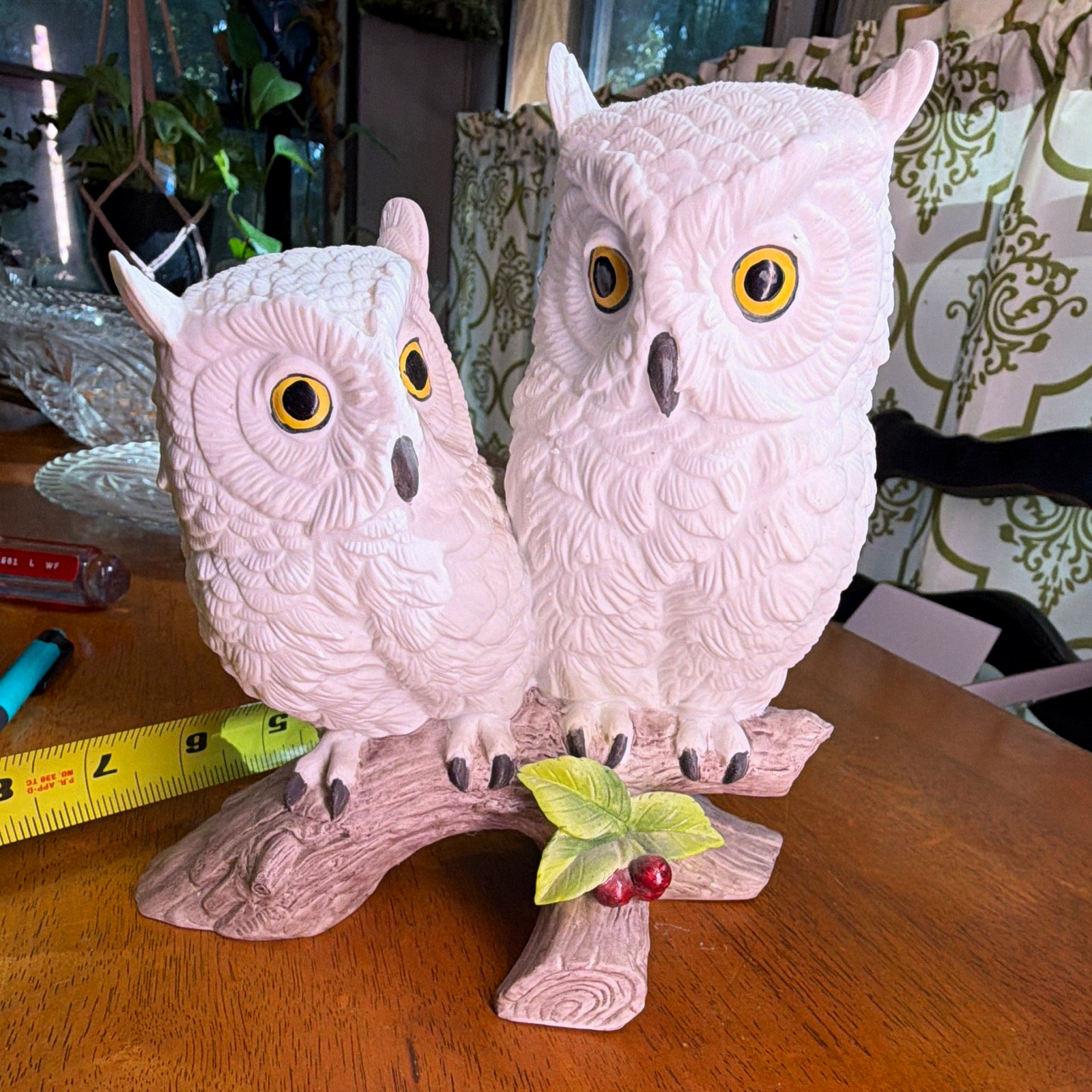 Andrea by Sadek Owl Ceramic Figurine on Branch with Leaf & Berries
