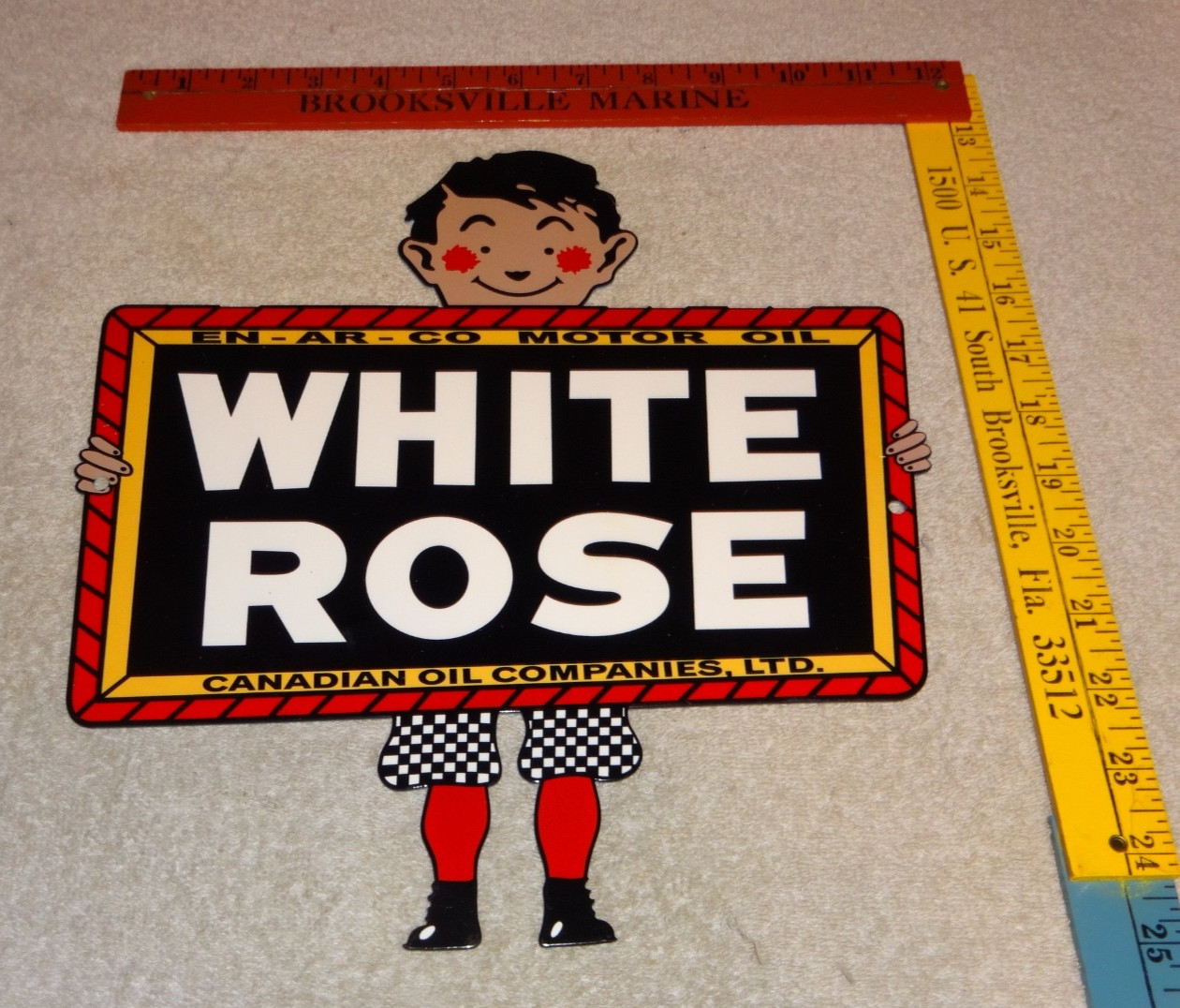 VINTAGE EN-AR-CO WHITE ROSE MOTOR OIL CANADA ENARCO BOY 👦 METAL GASOLINE SIGN VINTAGE EN-AR-CO WHITE ROSE MOTOR OIL CANADA ENARCO BOY 👦 METAL GASOLINE SIGN