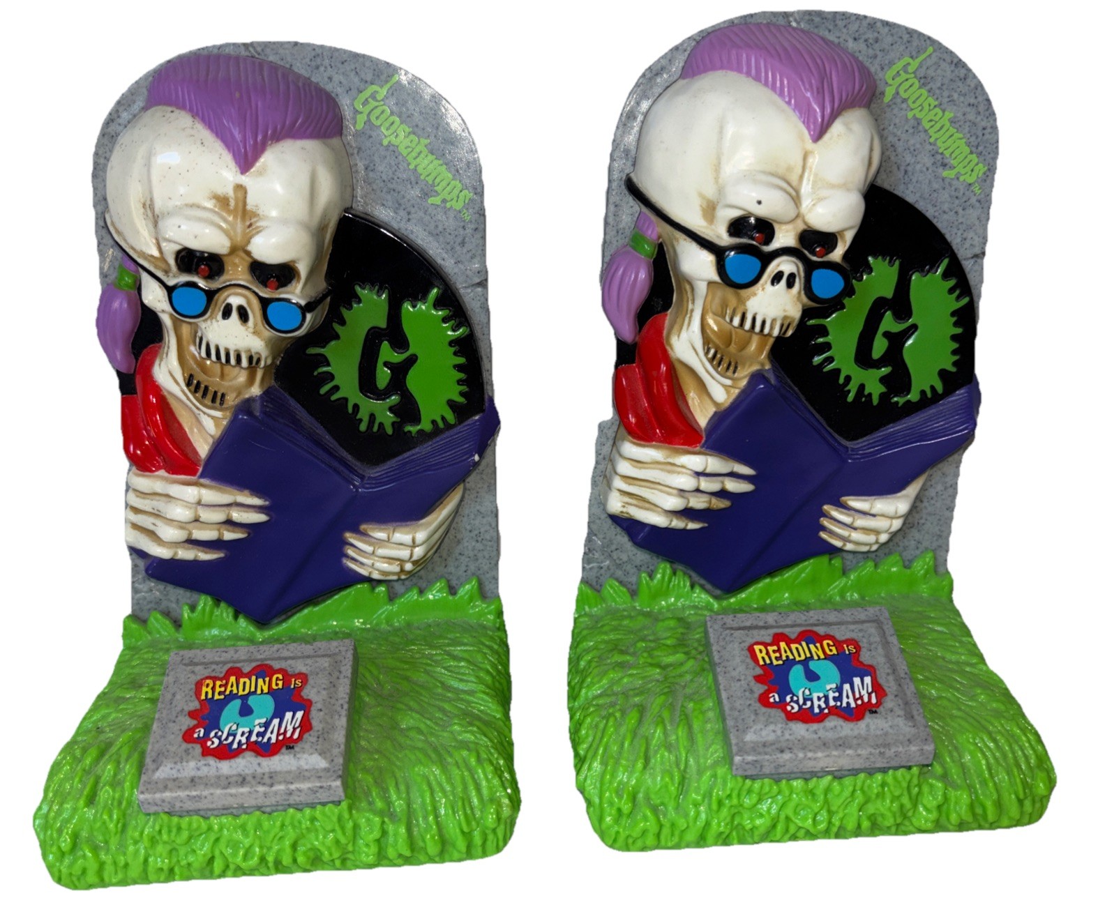 Goosebumps Grave Bookends Pair Reading is a Scream Curly Skeleton 1996 Vintage