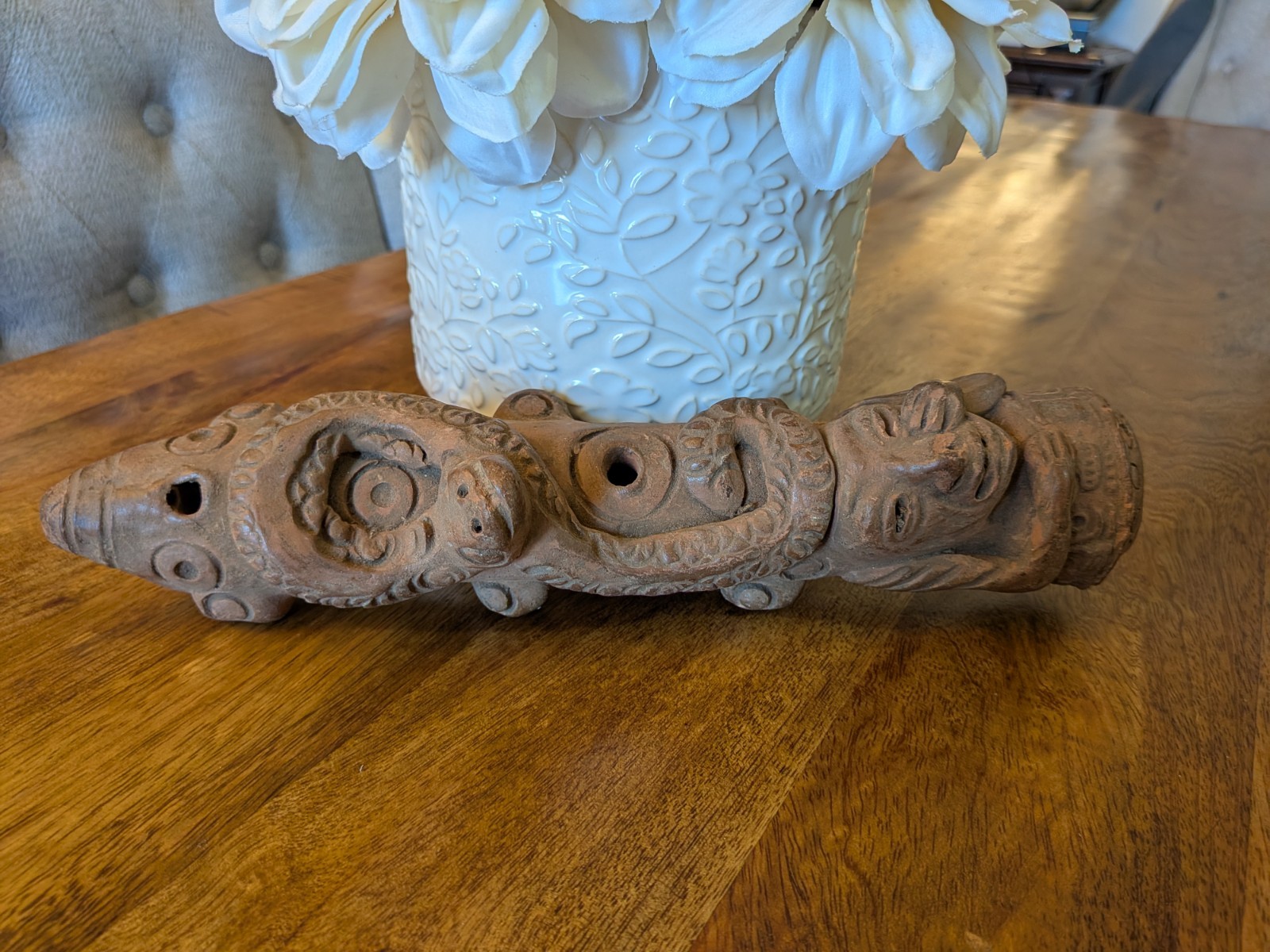 Vintage Terracotta Clay Flute Snake & Face Carved Pre-Columbian Style Ocarina