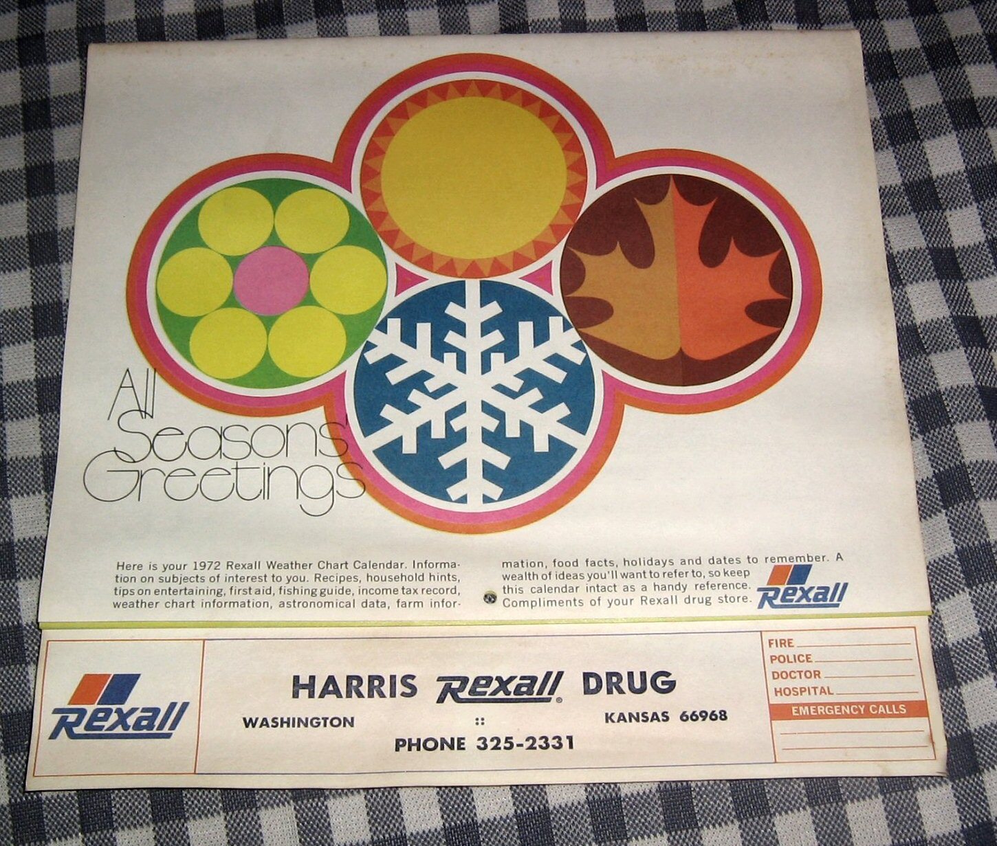 Vintage Rexall Drugs Calendar,1972, Harris Drug Store, Washington, Kansas, Good