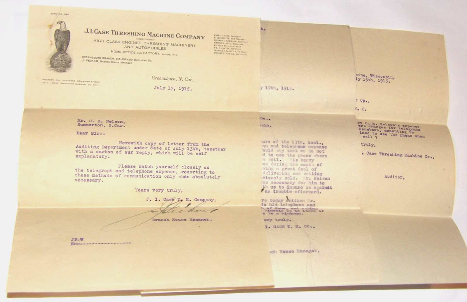 VINTAGE 1915 J.I.CASE THRESHING MACHINE COMPANY LETTERS EXCESSIVE TELEPHONE USE
