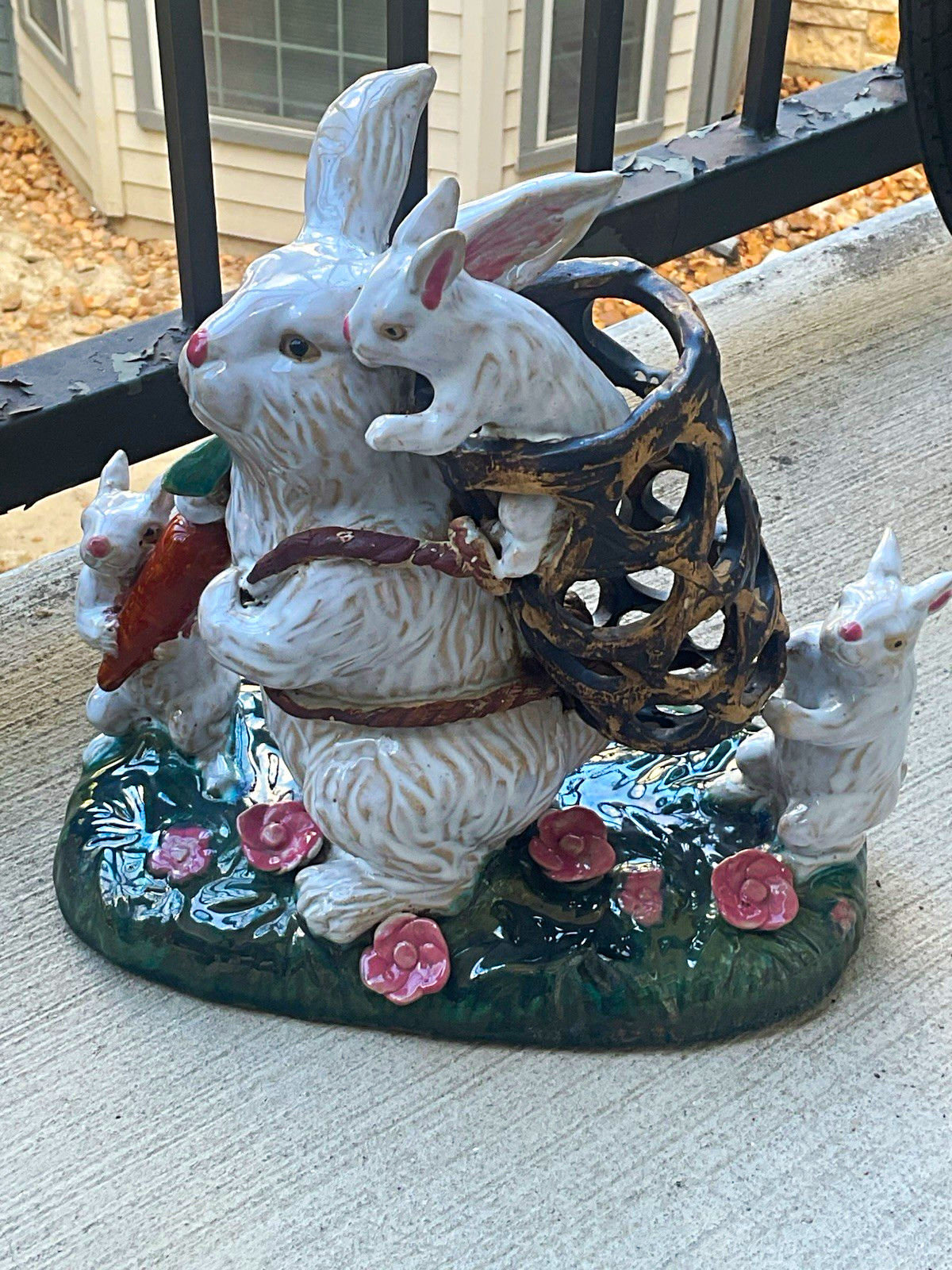 Vintage Majolica White Rabbit Figurine Group with Babies, Basket and Flowers