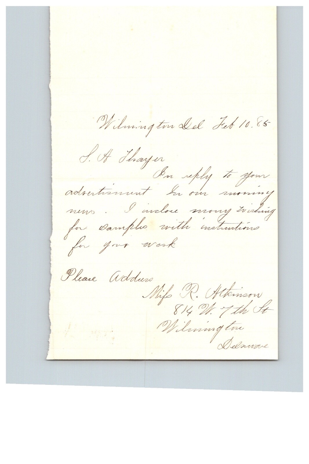 1885 Handwritten Letter Mrs r Atkinson Wilmington DE Delaware Family History