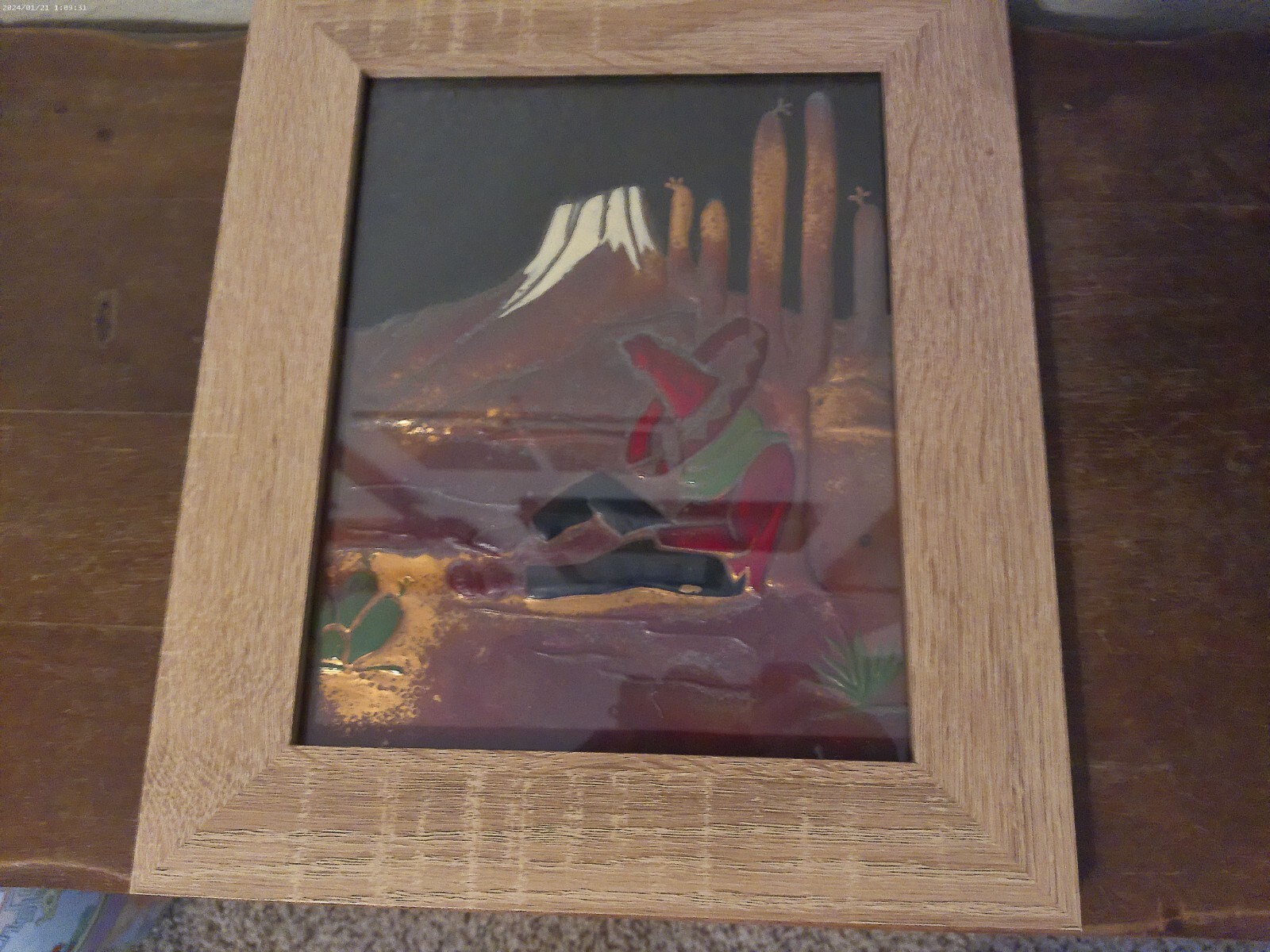 Vintage Collectible Mexican Folk Art Copper Picture Sleeping Mexican Framed