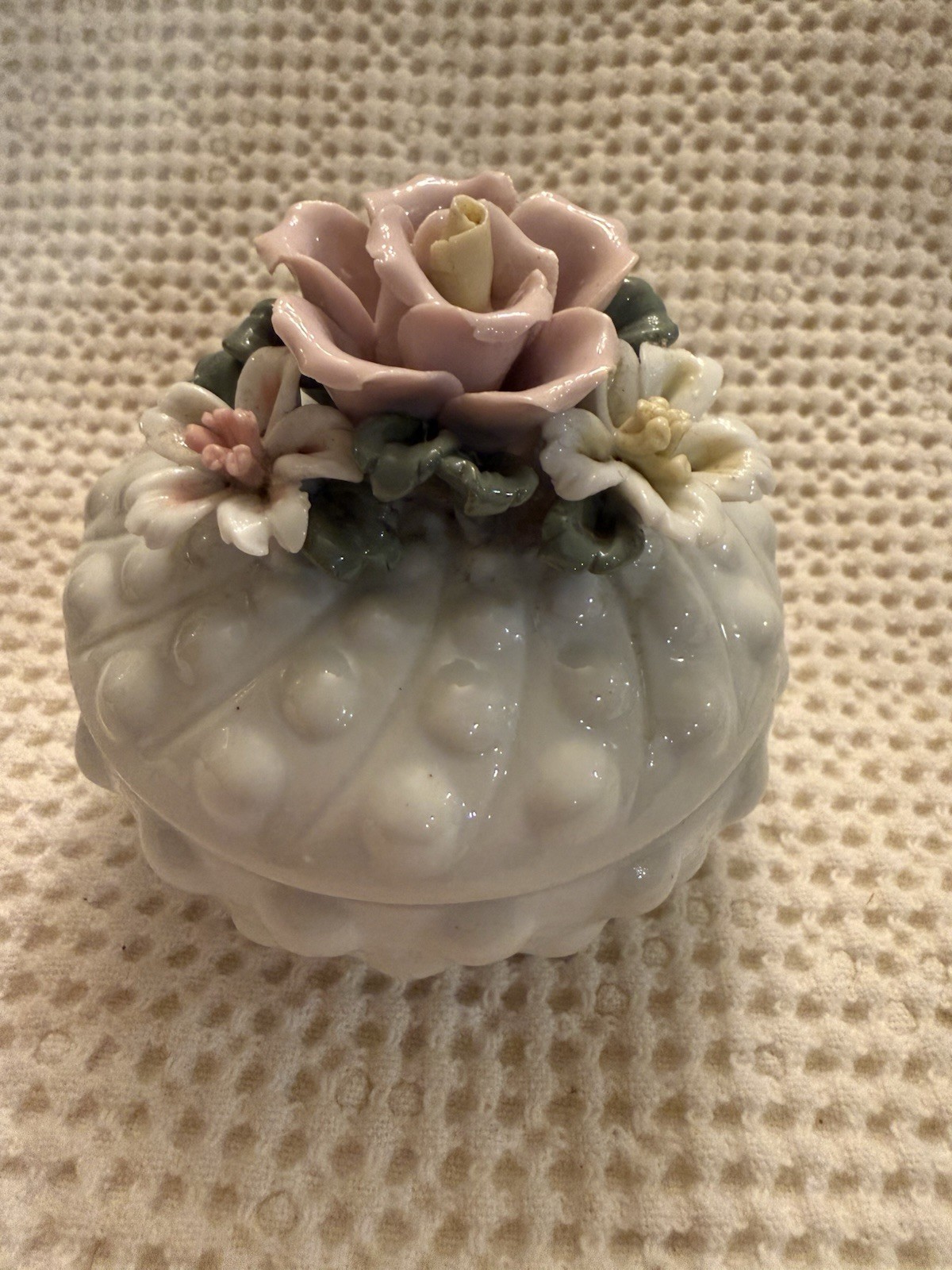 VTG White Hobnail W/ Floral Top Porceline Trinket  Jewelry Dish 