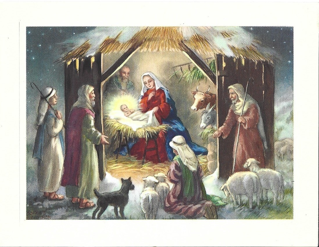 VTG CHRISTMAS CARD 5.5X4.25 NATIVITY SCENE MARY JOSEPH BABY JESUS SHEPHERDS LAMB