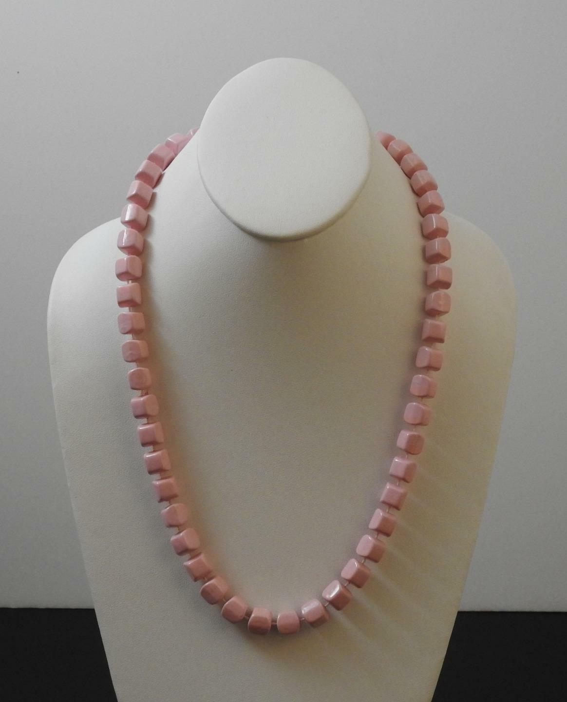 Vintage Pink Square Bead Necklace Silver Tone Clasp About 24