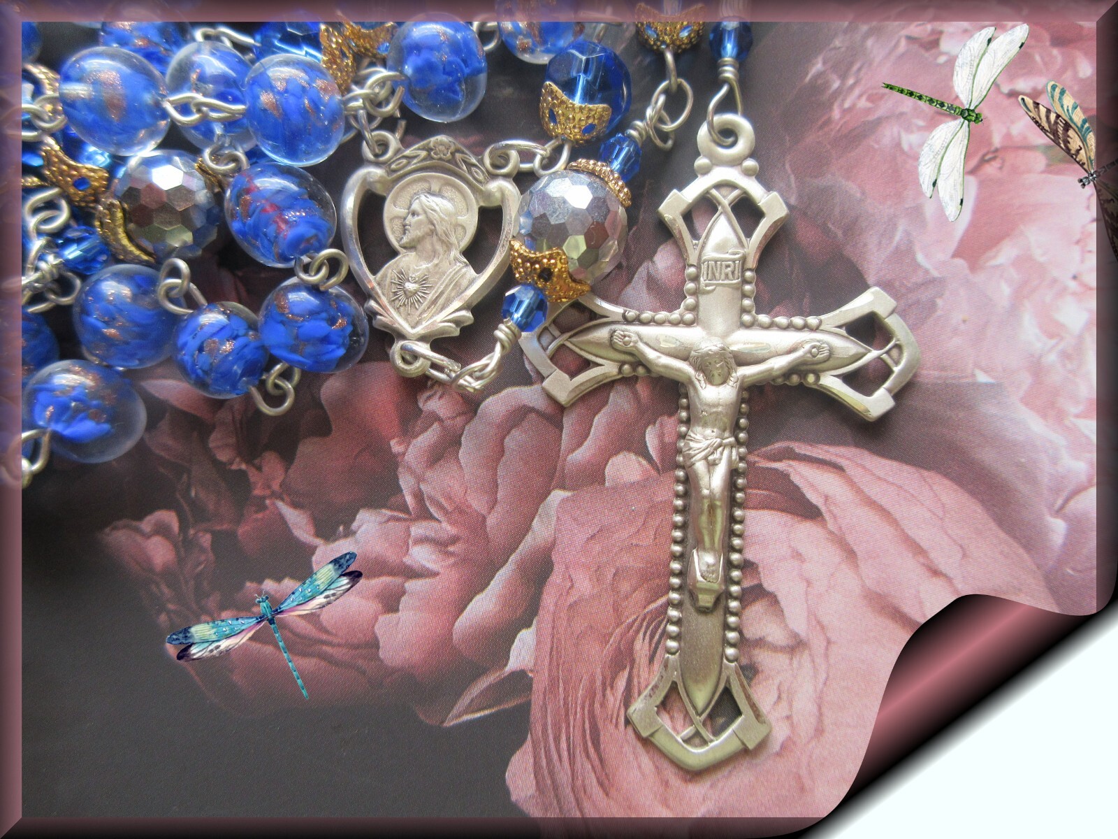 Vintage Italian Venetian Blue Lampwork Glass Rosary Blest .925 Sterling Silver