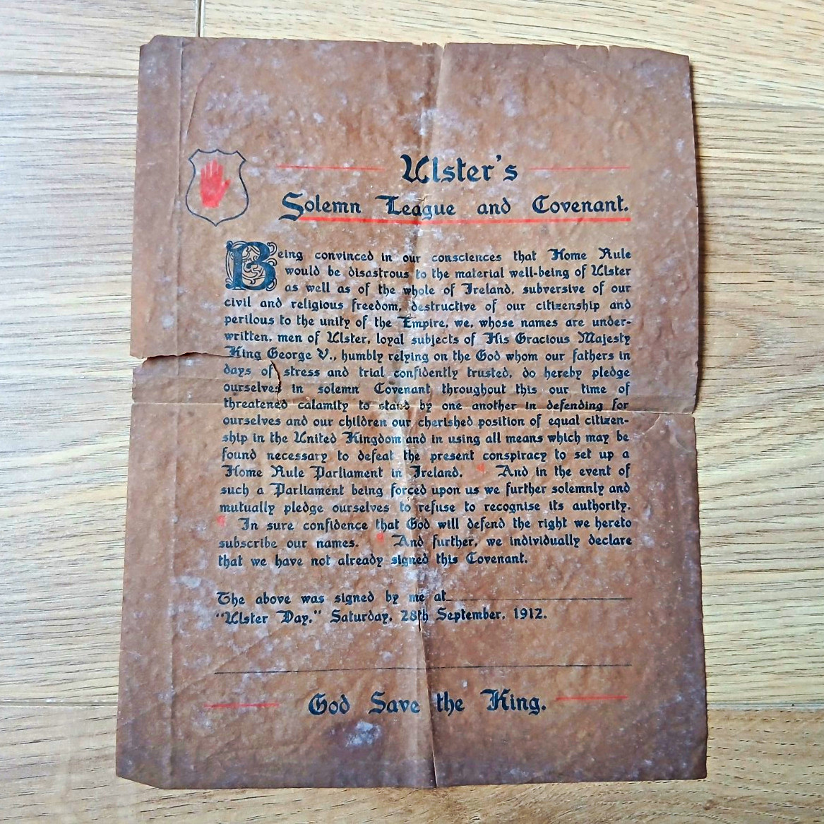 Ulster Solemn League and Covenant Document Dated September 1912 Original Copy