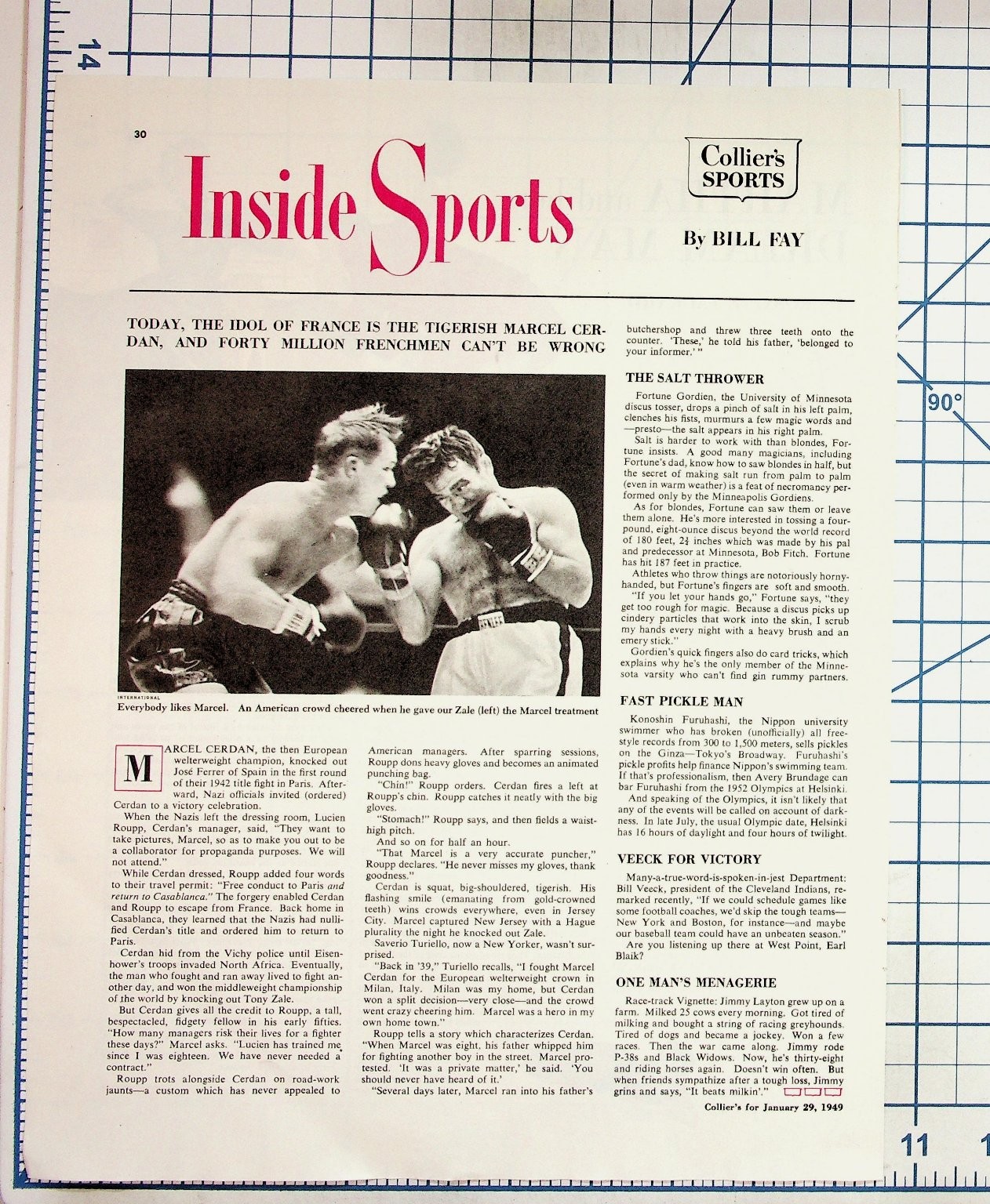 1949 Collier's Inside Sports Marcel Cerdan Boxer Bill Fay Magazine Article Page