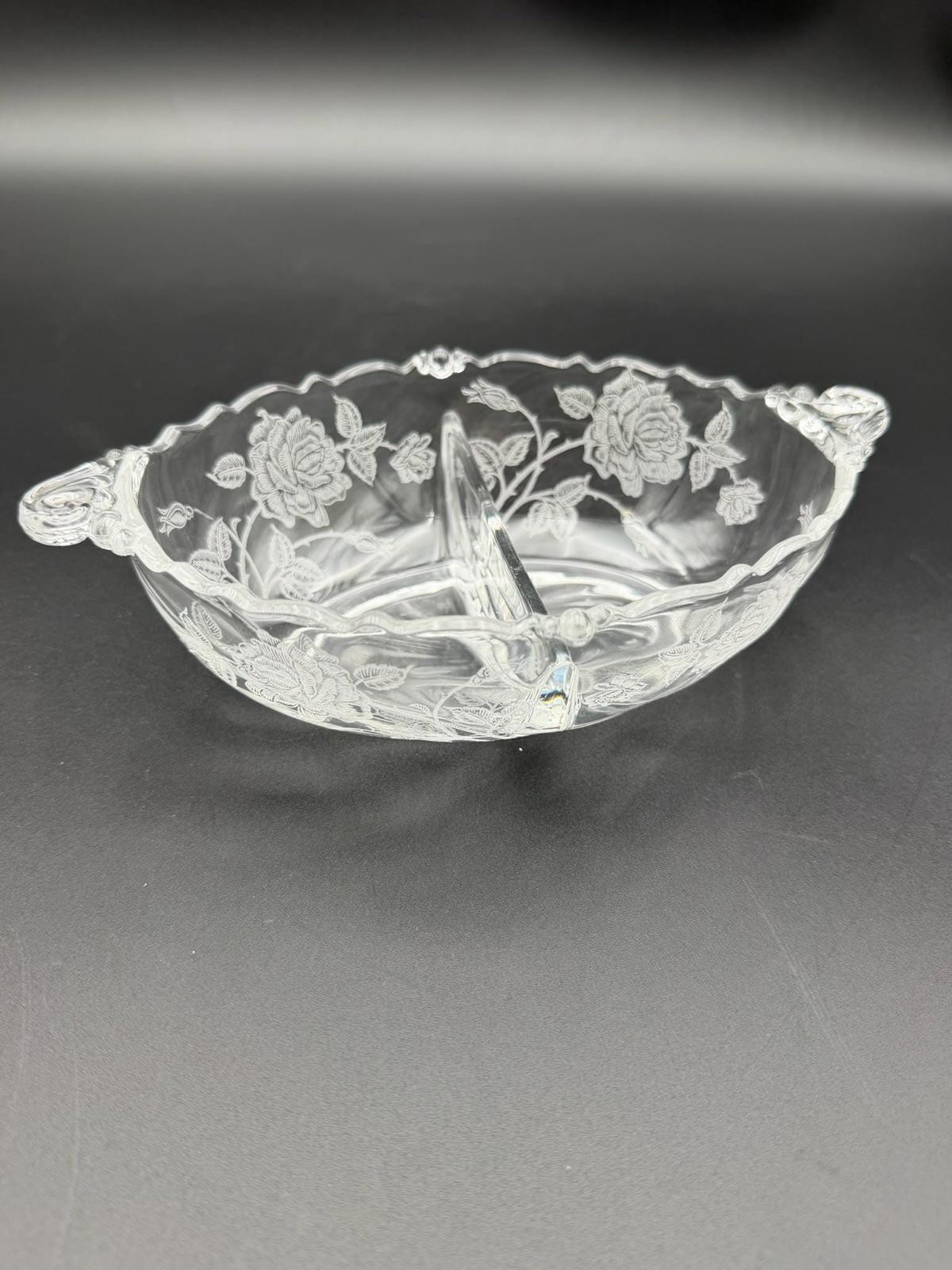 Vintage Etched Crystal Divided Bowl Rose Pattern Double Dish Serving Bowl