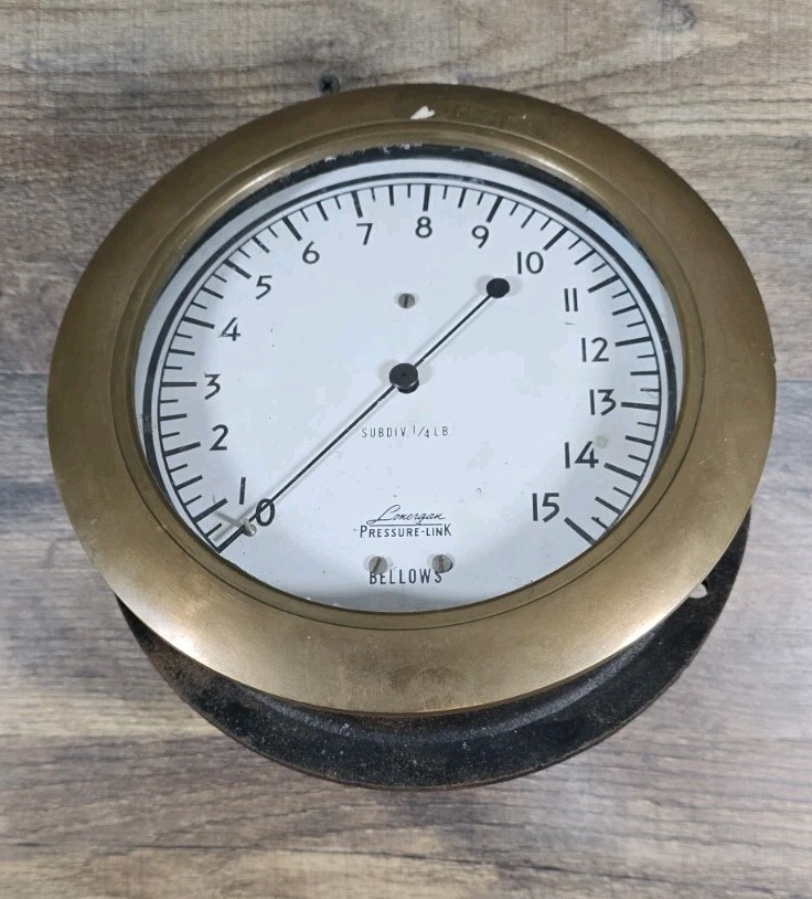 Antique Lonergan Pressure Link Bellowes Brass Pressure Gauge