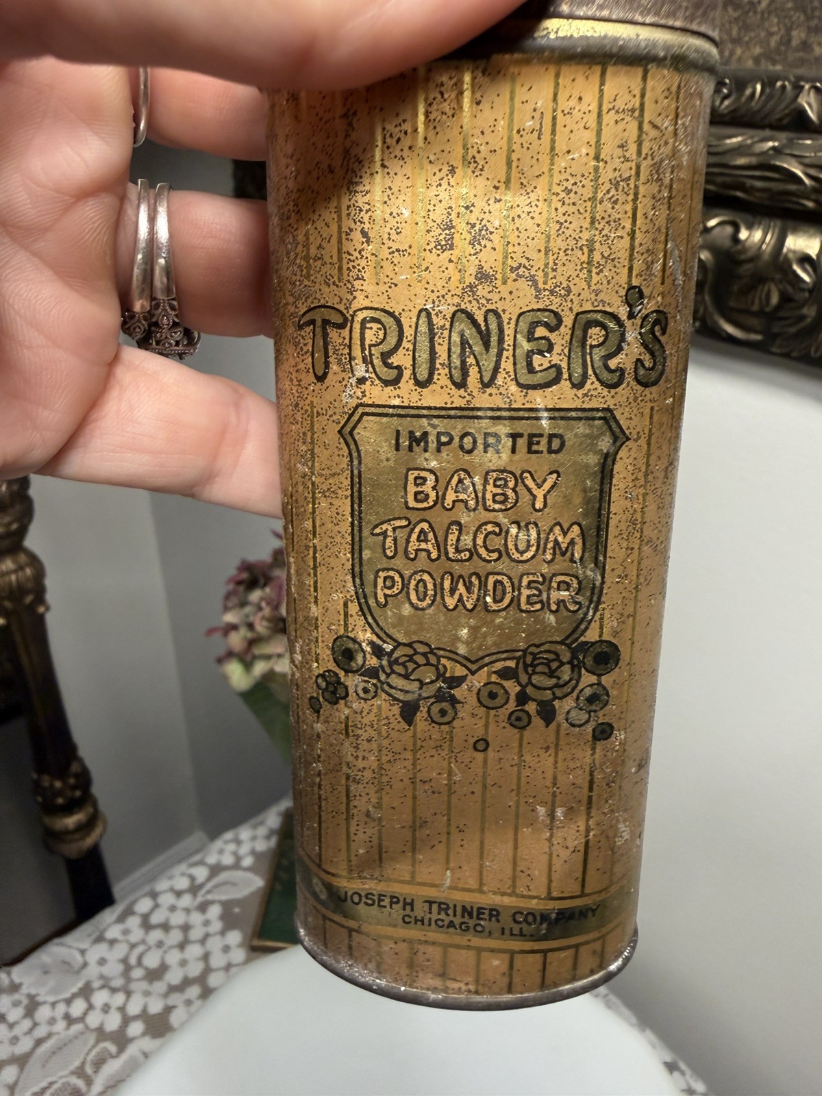 Antique 1910’s Vry Rare Triner’s Baby Powder Talcum Tin Litho Full scent Chicago