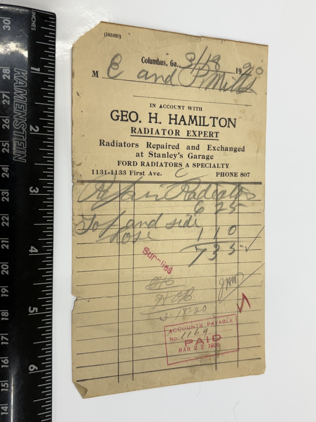 Columbus, GA Geo. H. Hamilton Radiator Expert Vintage Receipt 1920