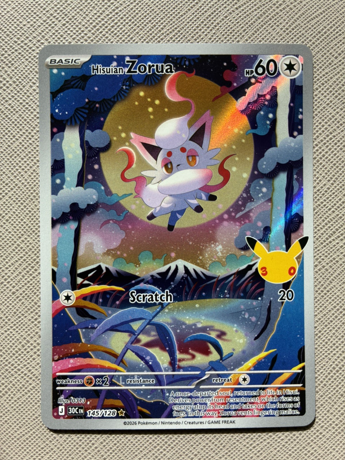 Hisuian Zorua 145/128 30th Celebration Illustration Rare Holo Pokémon TCG 2026