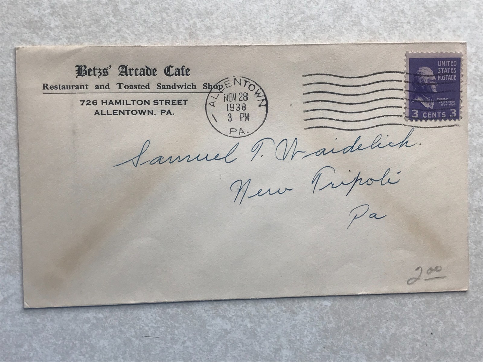 Schertzinger Jewelry Store Slatington PA Envelope Letterhead Postal Cover EN3371