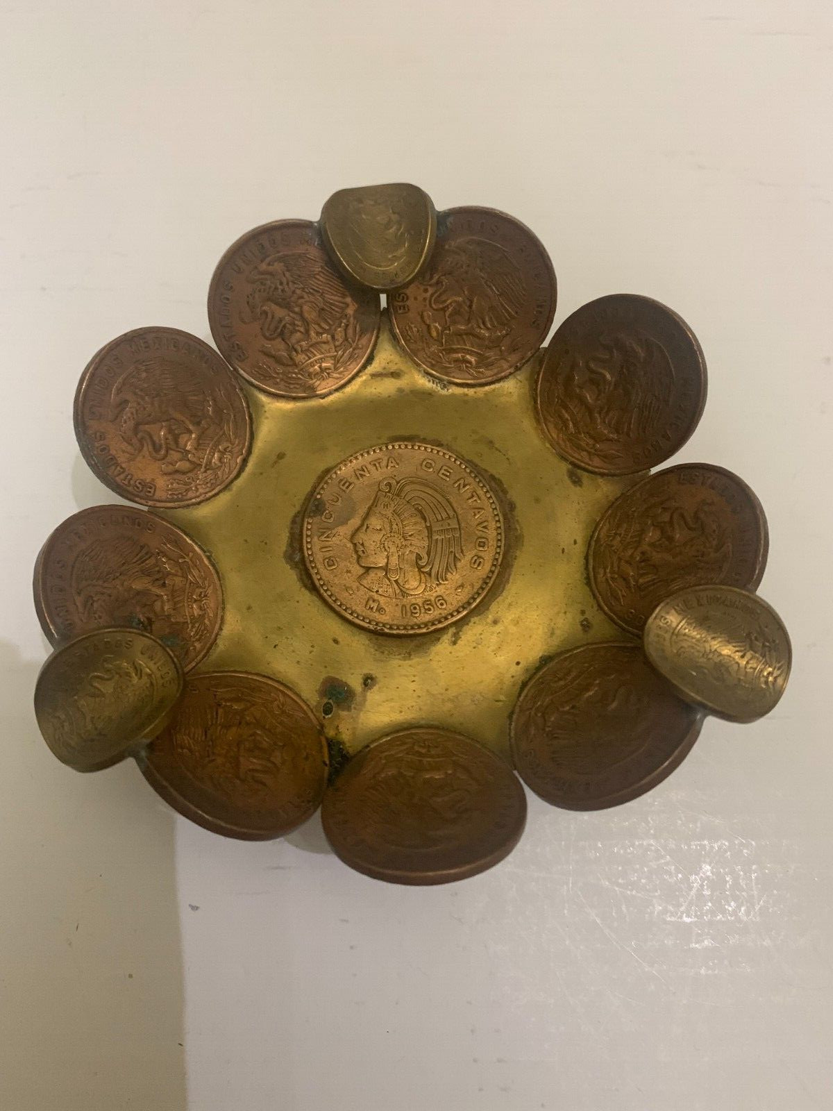 Vintage 1956-1970 Mexican Brass Coin Ashtray Made in Mexico