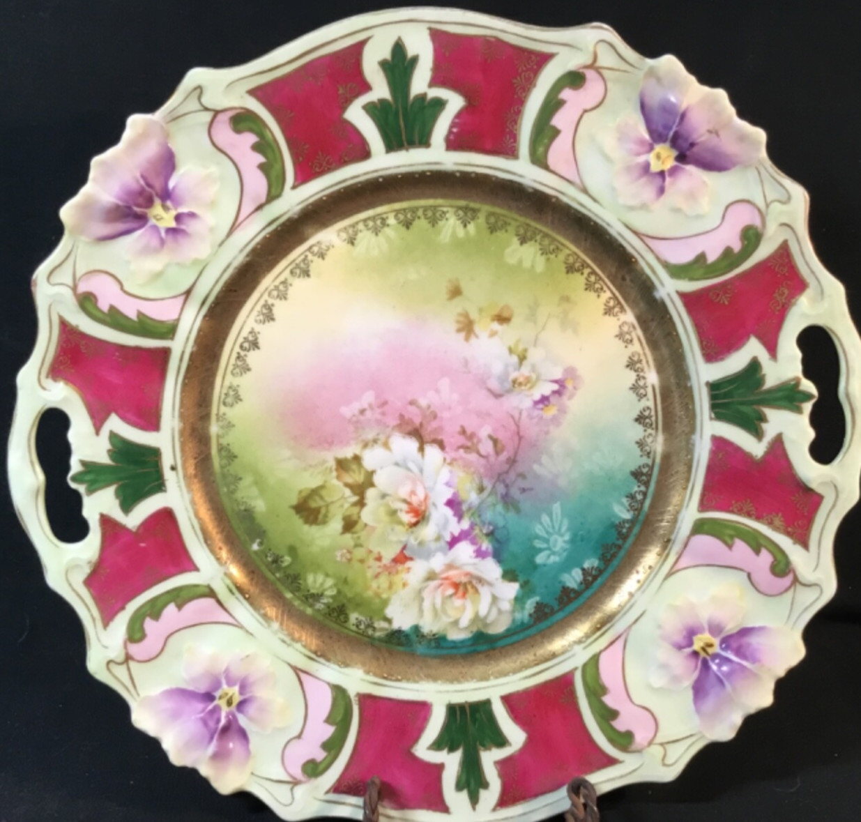 Antique Early RS Prussia Pansy Mold Handled Platter c.late 1800s