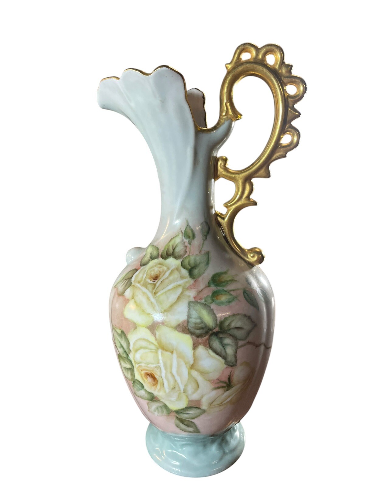 VTG Hand Painted Yellow Roses Pitcher Ewer Vase Heavy Gold Handle Signed 13.75”H