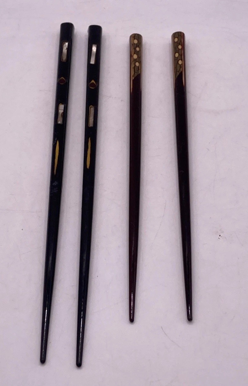 Vintage Japanese Wakasa Nuri Lacquer Chopsticks 2 Pairs Inlay Mother of Pearl