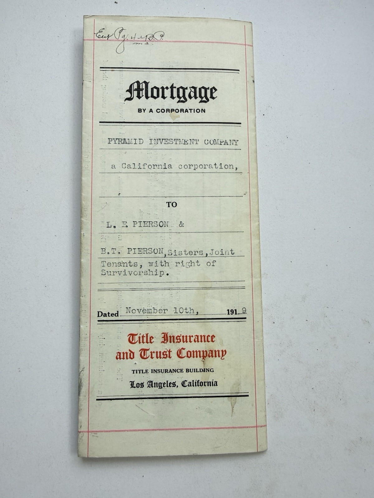 1919 Los Angeles California Mortgage Document Cuculits Tract Antique Ephemera