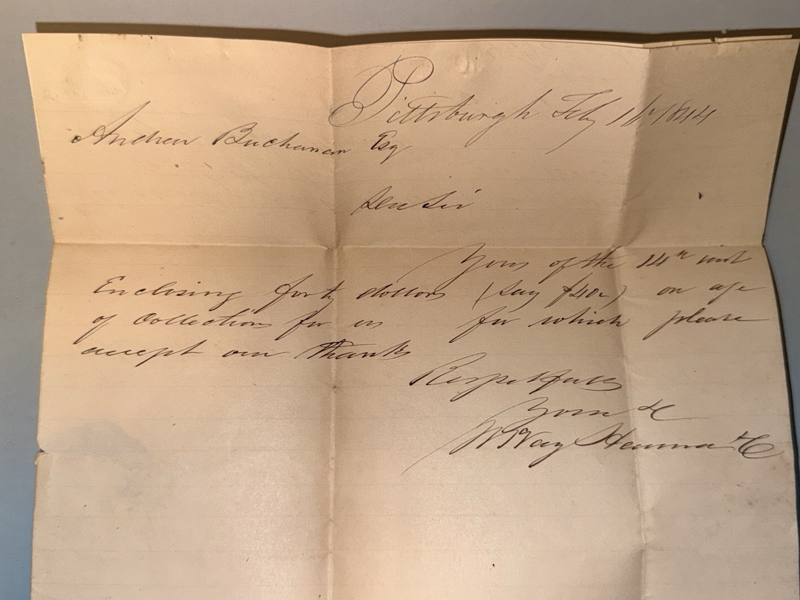 1844 Antique Letter McKee, Hanna & Co Pittsburgh PA to Andrew Buchanan Receipt