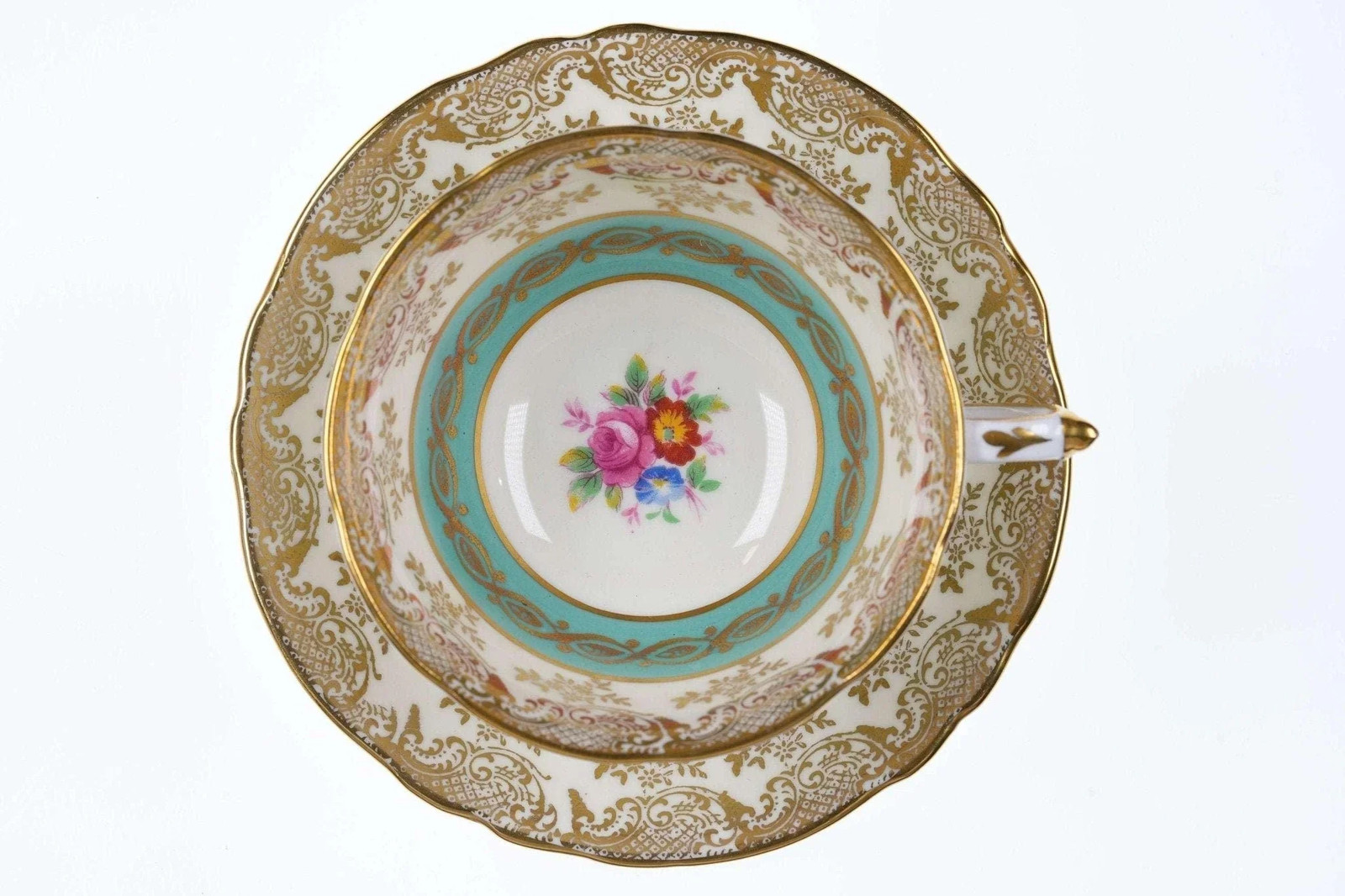 Vintage Paragon Roses bouquet green with gold scrolls Teacup and saucer Vintage Paragon Roses bouquet green with gold scrolls Teacup and saucer