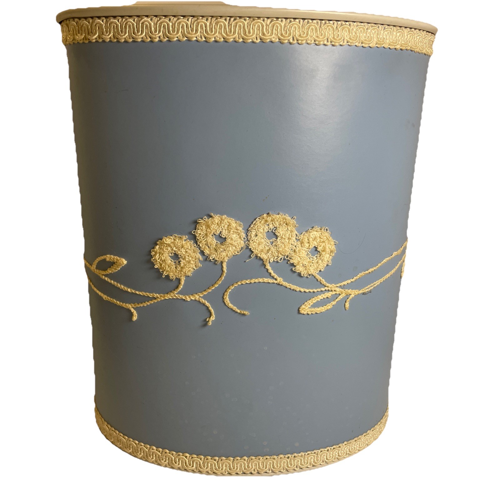 Vintage 60s/70s Blue Metal Wastebasket with Ivory Trim & Floral Design By Coby