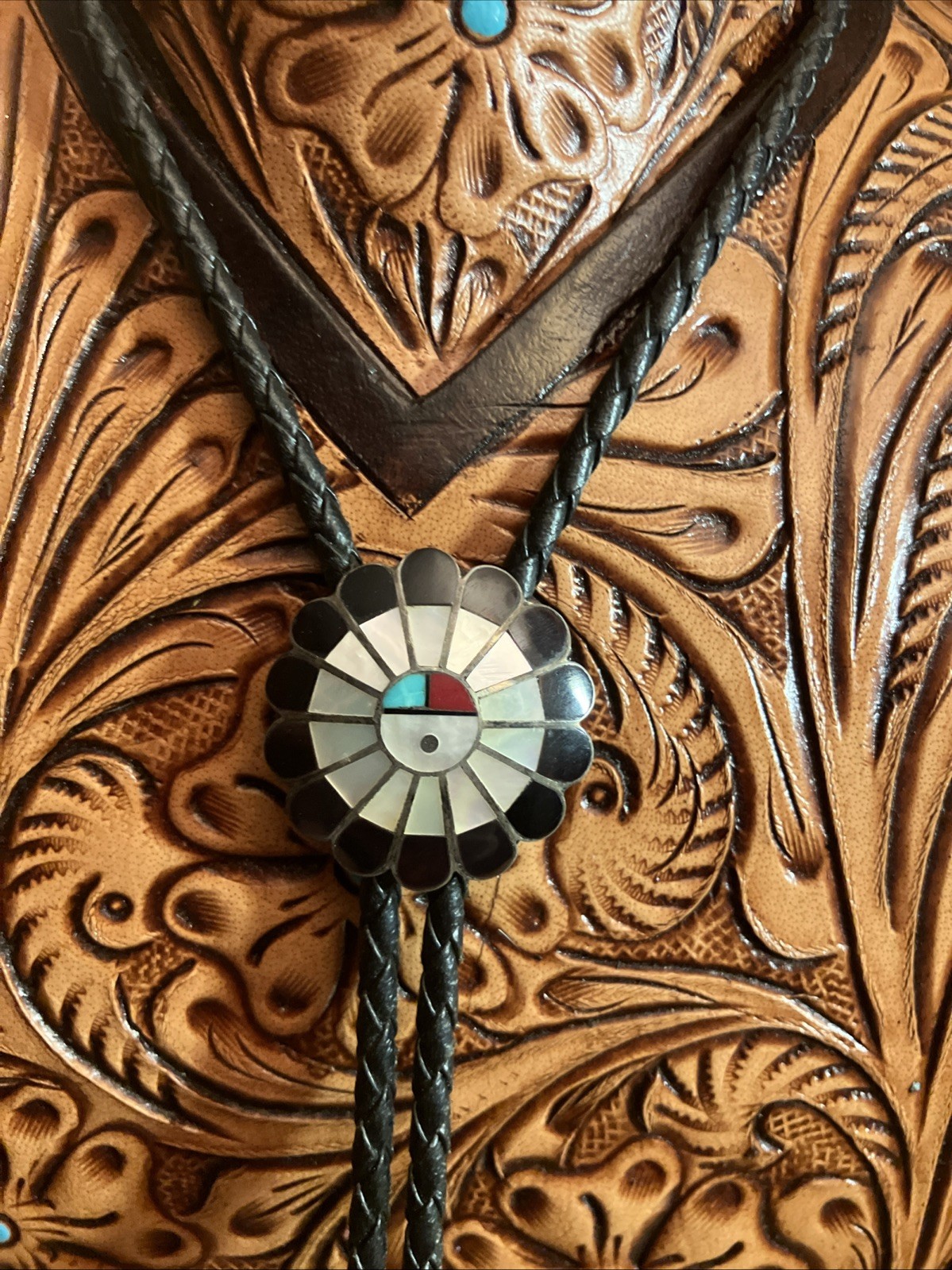 Zuni Sunface Inlay Vintage Classic Bolo Tie Turquoise MOP Jet 1” Sterling Tips